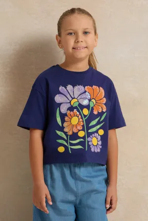 Girls Navy Floral Print  T-Shirt