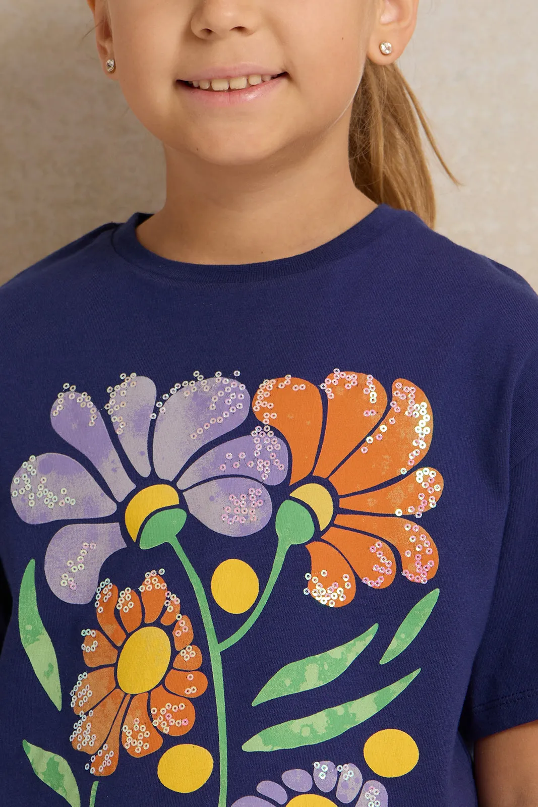 Girls Navy Floral Print  T-Shirt