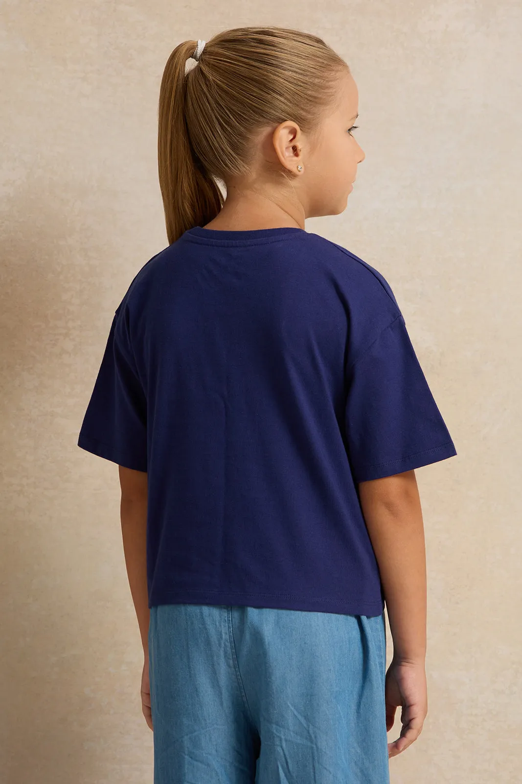 Girls Navy Floral Print  T-Shirt