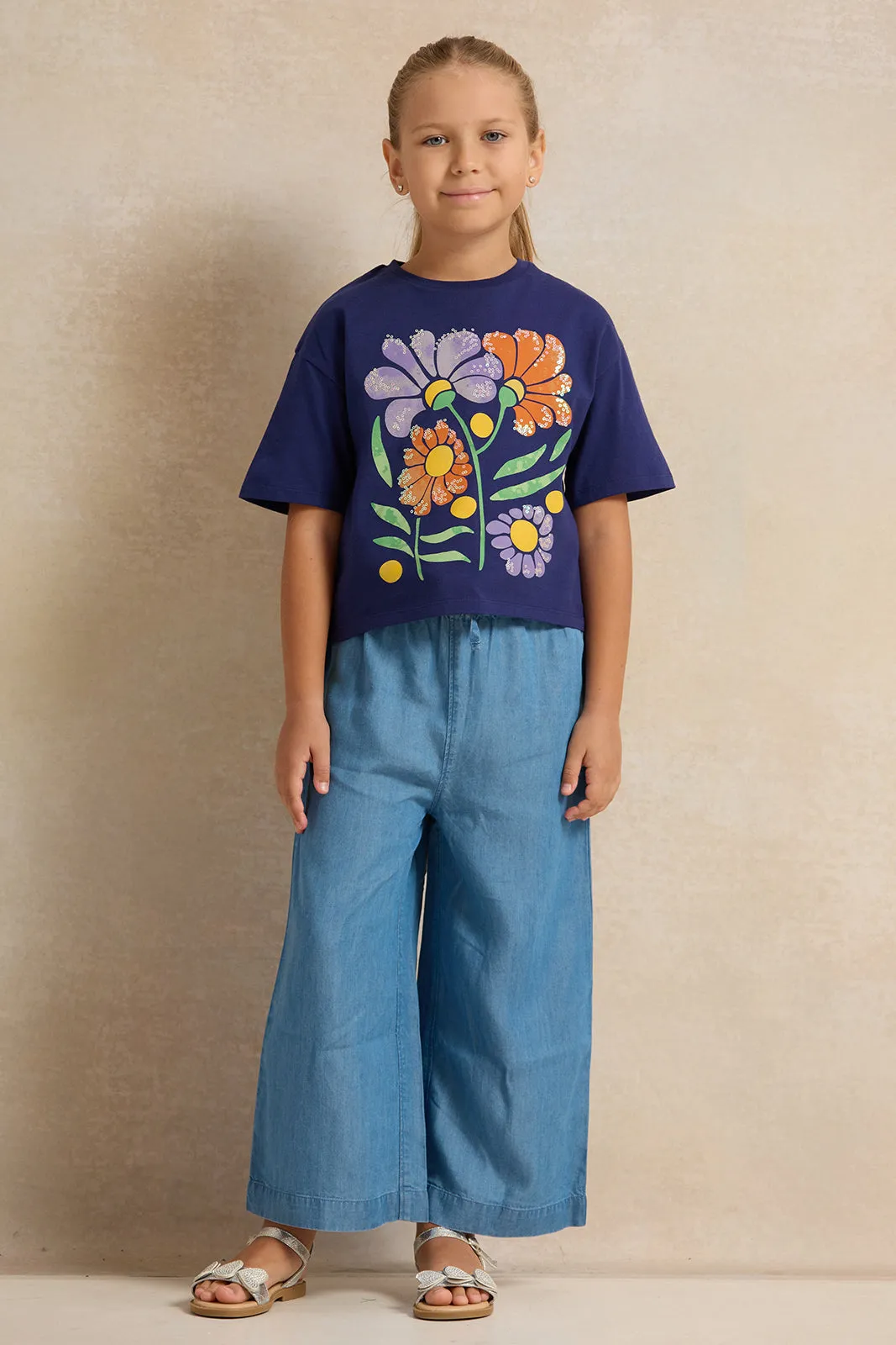 Girls Navy Floral Print  T-Shirt