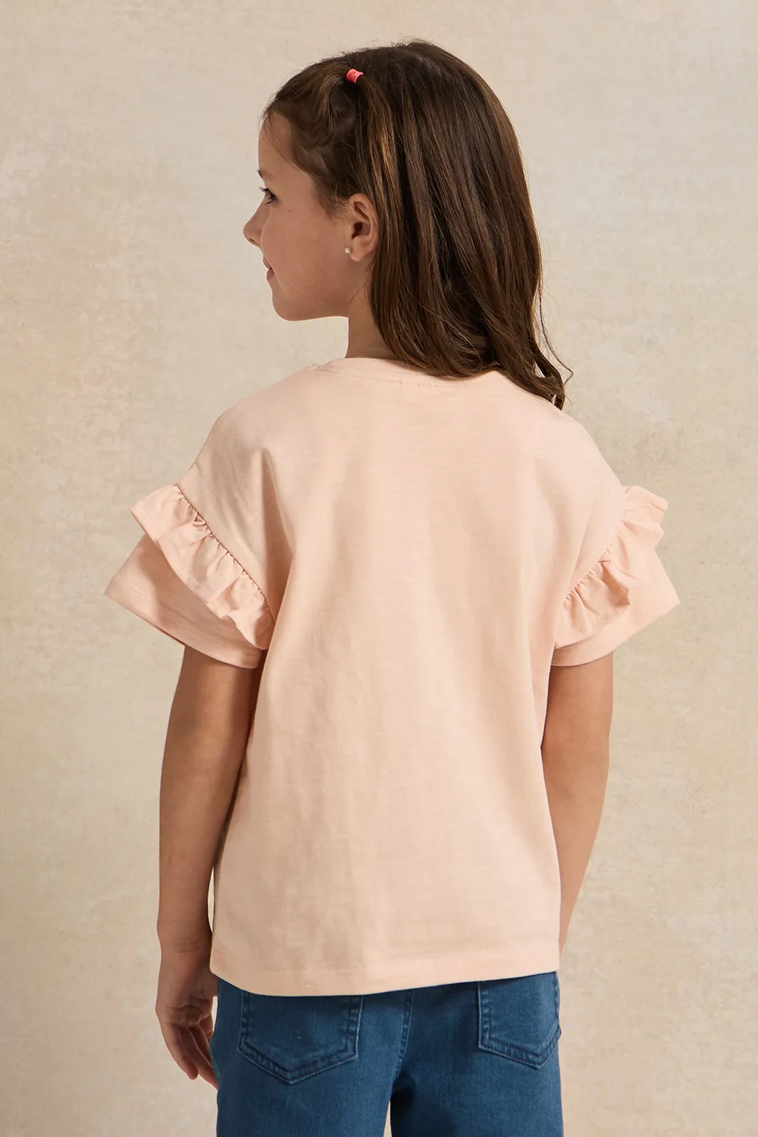 Girls Orange Heart Sequins T-Shirt