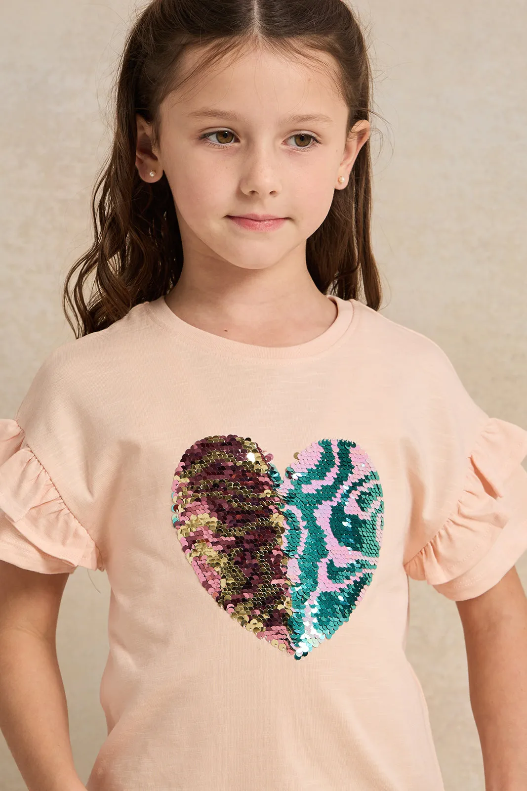 Girls Orange Heart Sequins T-Shirt