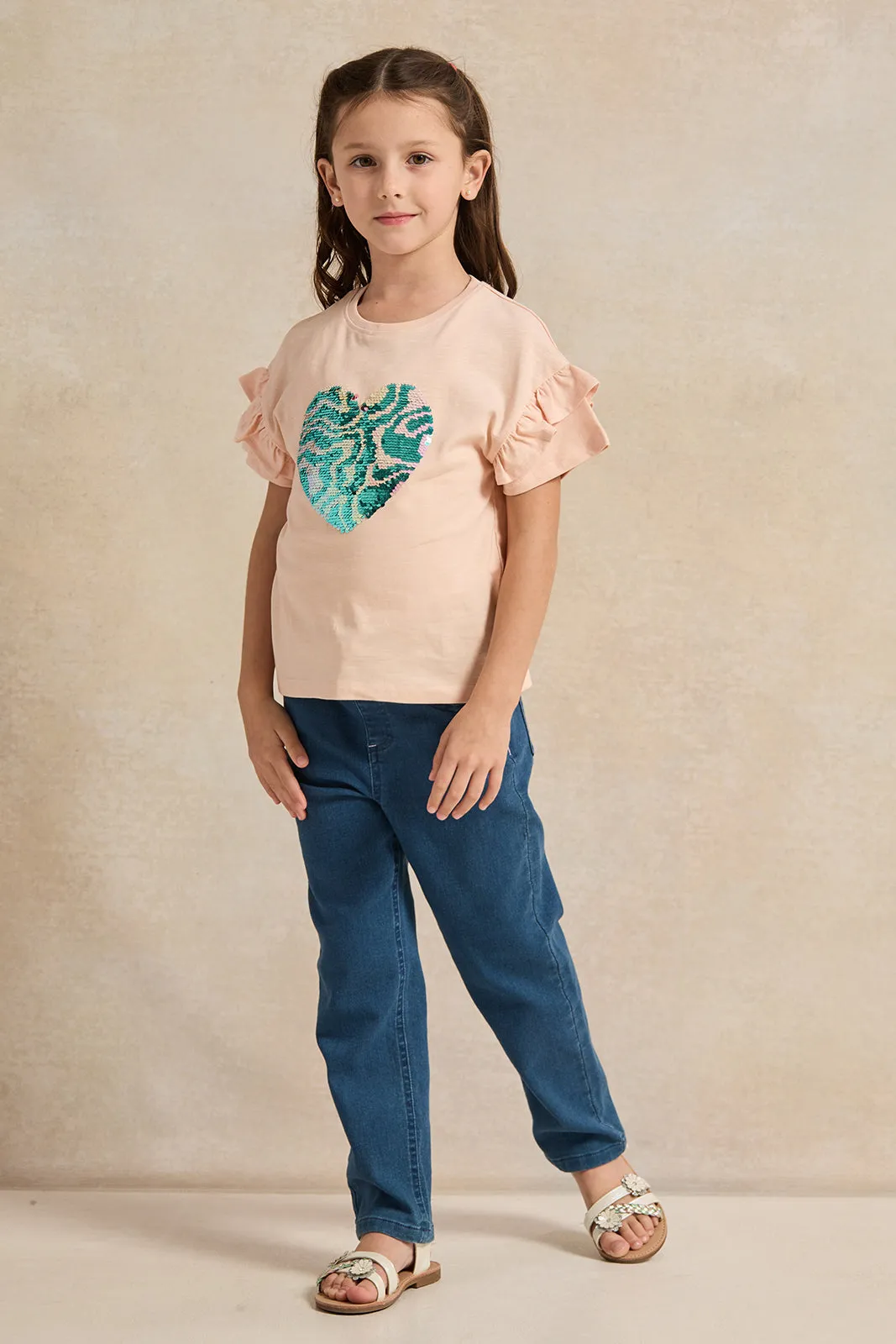 Girls Orange Heart Sequins T-Shirt