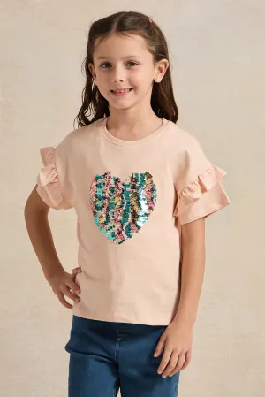 Girls Orange Heart Sequins T-Shirt