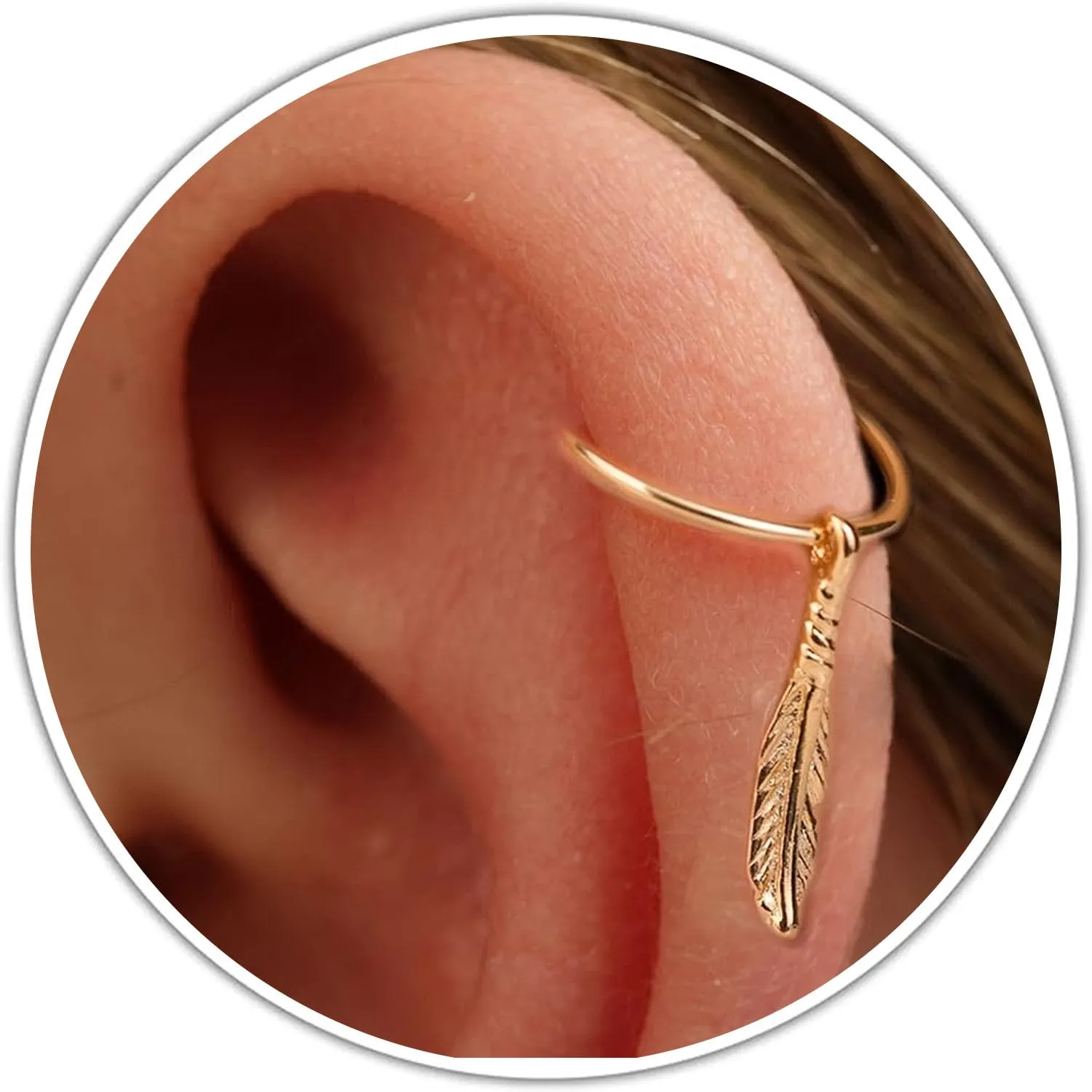 Gold Cartilage Earring For Women  Tiny 20G Feather Charm Helix Piercing Jewelry  8mm 14K Gold Filled Hoops For Cartilage - Helix Rings