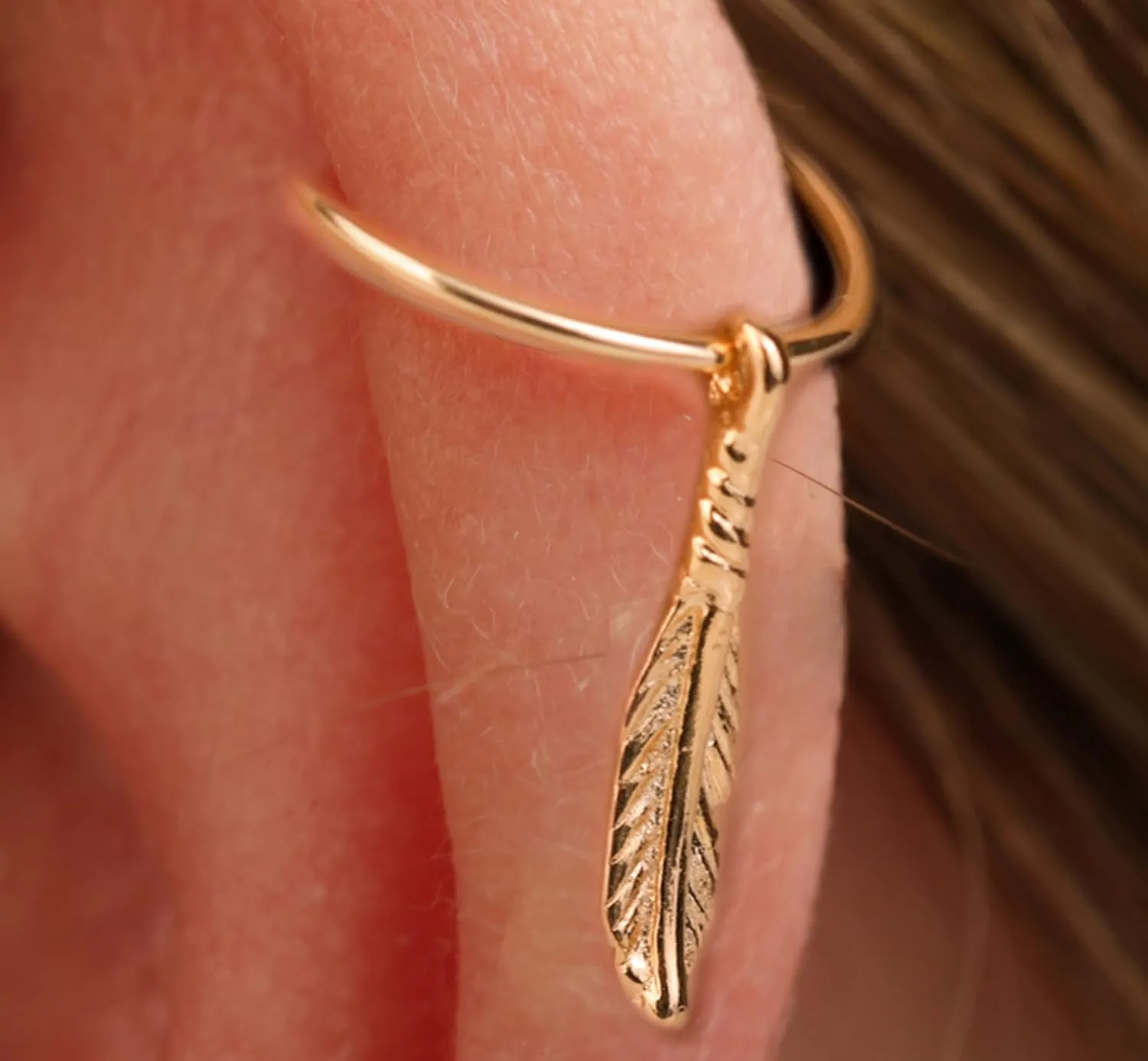 Gold Cartilage Earring For Women  Tiny 20G Feather Charm Helix Piercing Jewelry  8mm 14K Gold Filled Hoops For Cartilage - Helix Rings