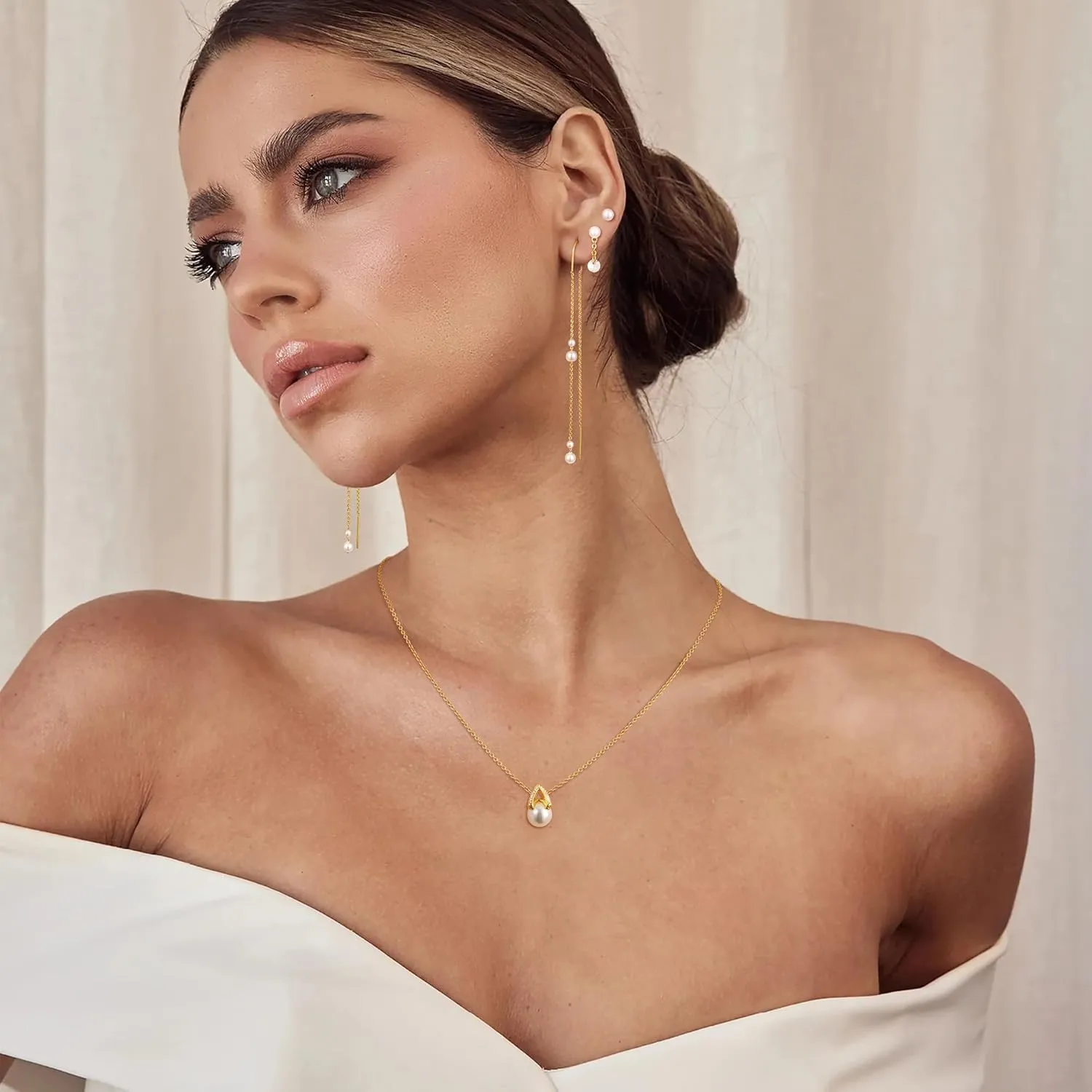 Gold Chain Earrings for Women: Dainty Stud Hoop Dangle Earrings Set 14K Gold Plated Pearl CZ Threader Earrings Hypoallergenic Cuff Chain Earrings for Multiple Piercing Trendy Gold Jewelry