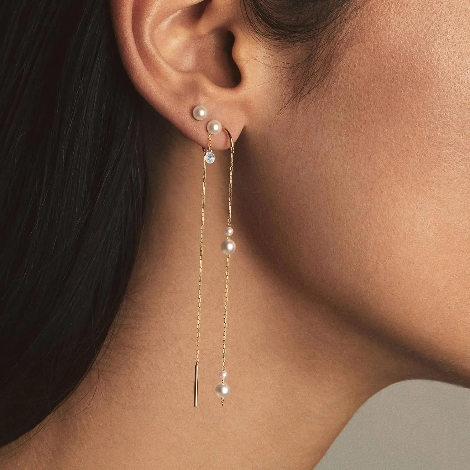 Gold Chain Earrings for Women: Dainty Stud Hoop Dangle Earrings Set 14K Gold Plated Pearl CZ Threader Earrings Hypoallergenic Cuff Chain Earrings for Multiple Piercing Trendy Gold Jewelry
