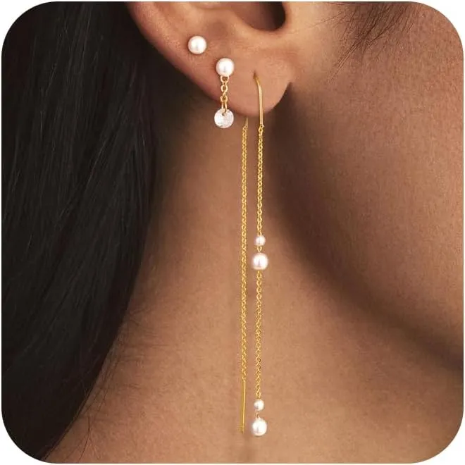 Gold Chain Earrings for Women: Dainty Stud Hoop Dangle Earrings Set 14K Gold Plated Pearl CZ Threader Earrings Hypoallergenic Cuff Chain Earrings for Multiple Piercing Trendy Gold Jewelry