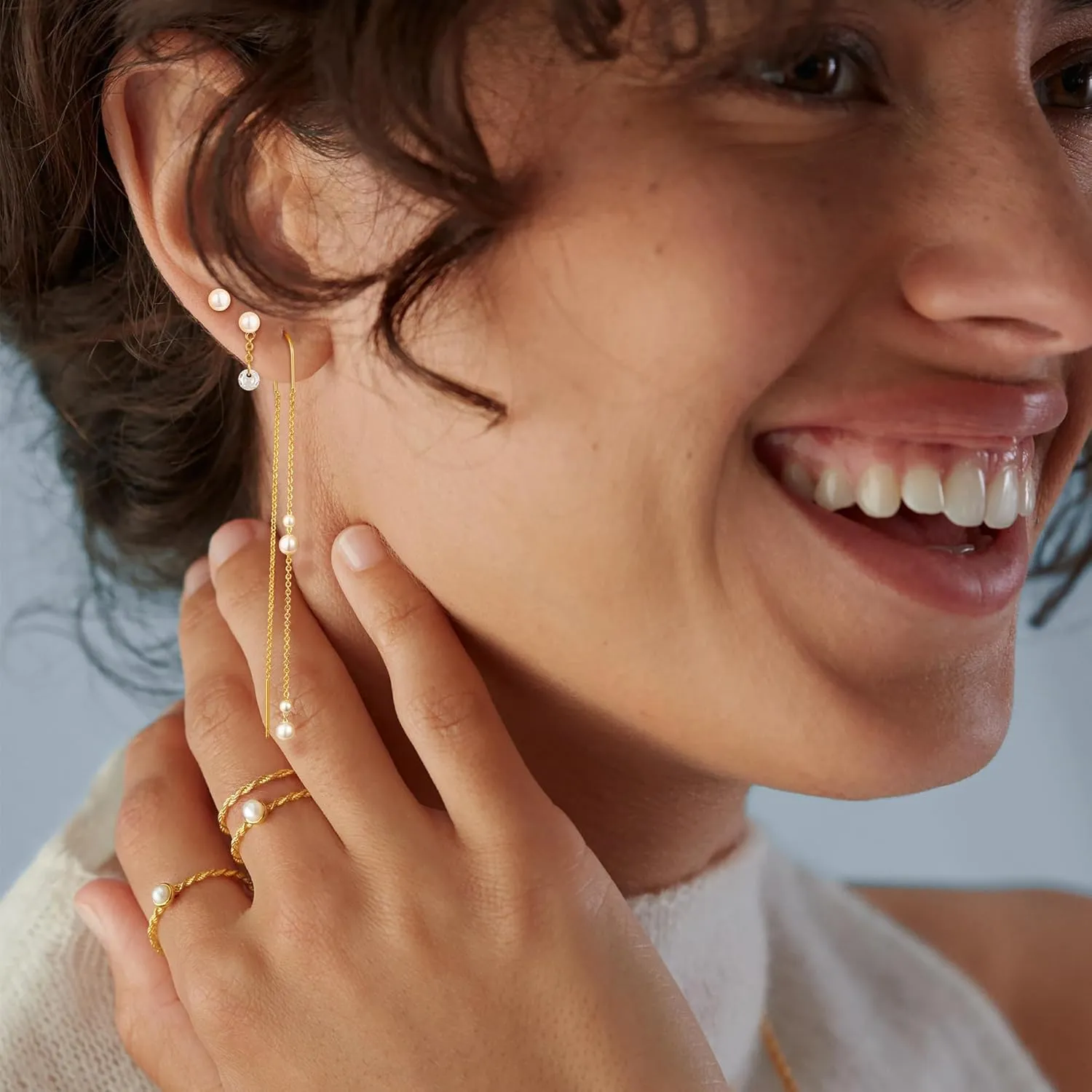 Gold Chain Earrings for Women: Dainty Stud Hoop Dangle Earrings Set 14K Gold Plated Pearl CZ Threader Earrings Hypoallergenic Cuff Chain Earrings for Multiple Piercing Trendy Gold Jewelry