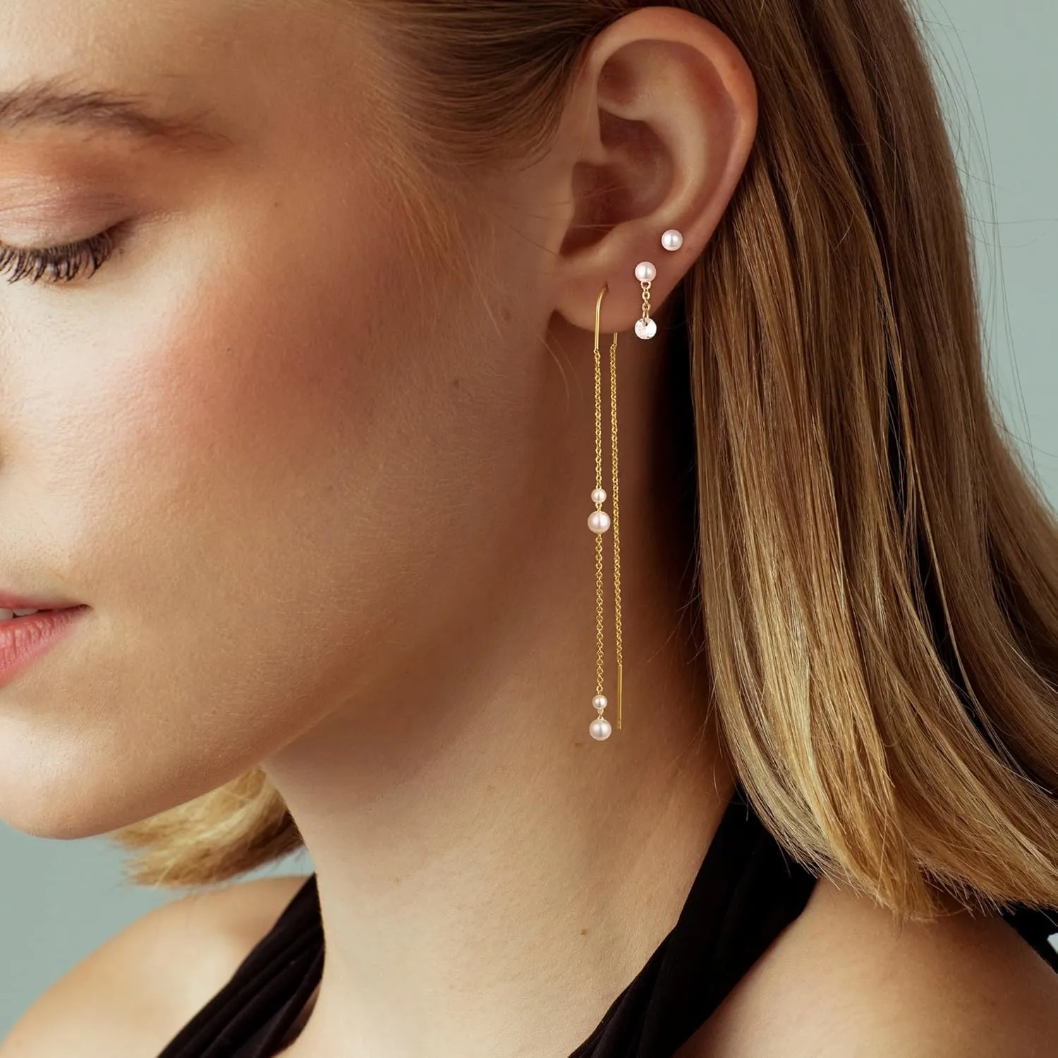 Gold Chain Earrings for Women: Dainty Stud Hoop Dangle Earrings Set 14K Gold Plated Pearl CZ Threader Earrings Hypoallergenic Cuff Chain Earrings for Multiple Piercing Trendy Gold Jewelry