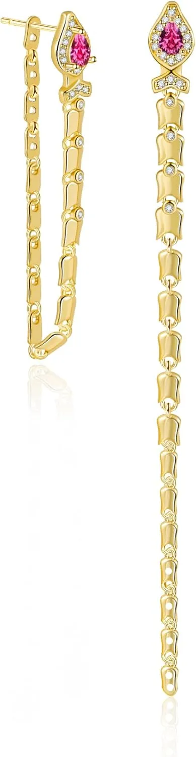 Gold Link Drop Earrings for Women, 925 Sterling Silver Post Delicate Minimalist Snake Drop Earrings Pave CZ Diamond