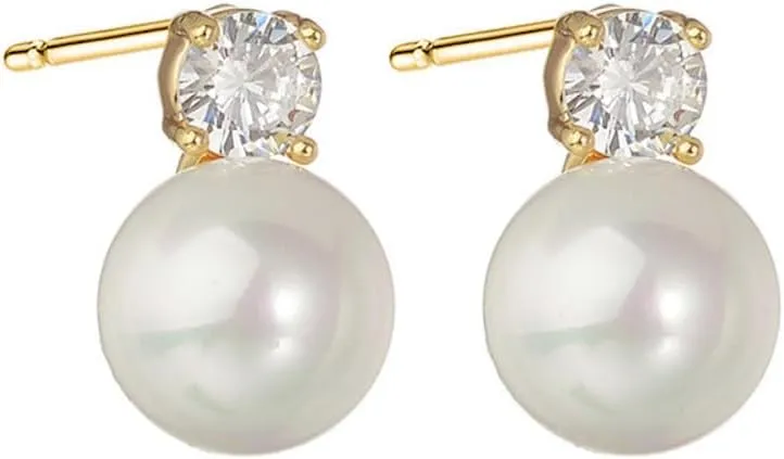 Gold Plated Earrings for Women with 925 Sterling Silver Hoop Pearl Earrings Set Dangle Drop Pearl Earrings