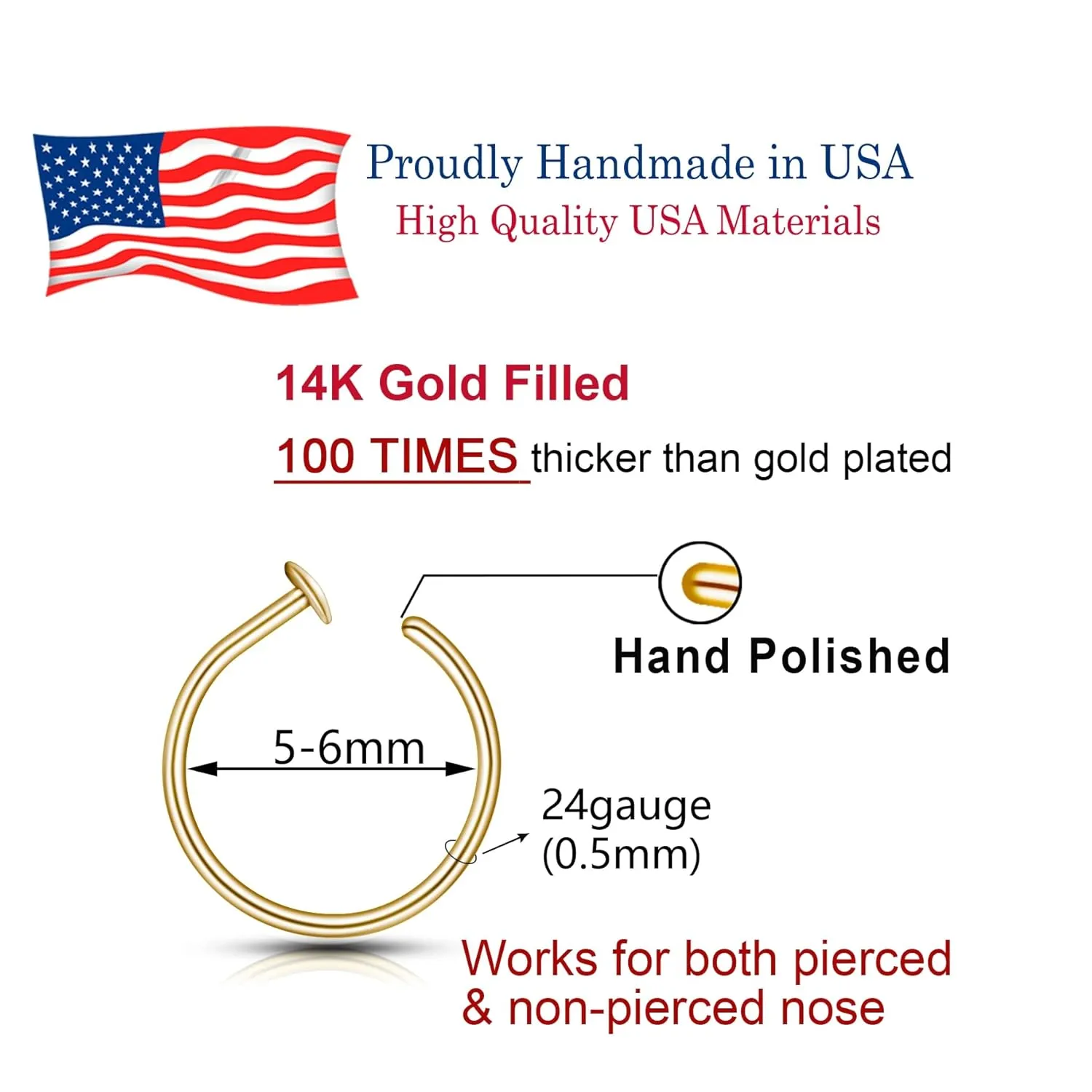 Gold Silver Small thin nose ring hoop 20G 20 22 gauge stud nostril piercing jewelry for Women, 14k Gold filled or 925 sterling silver nose hoop (14k Gold-Filled, 5-6mm / 24 gauge)