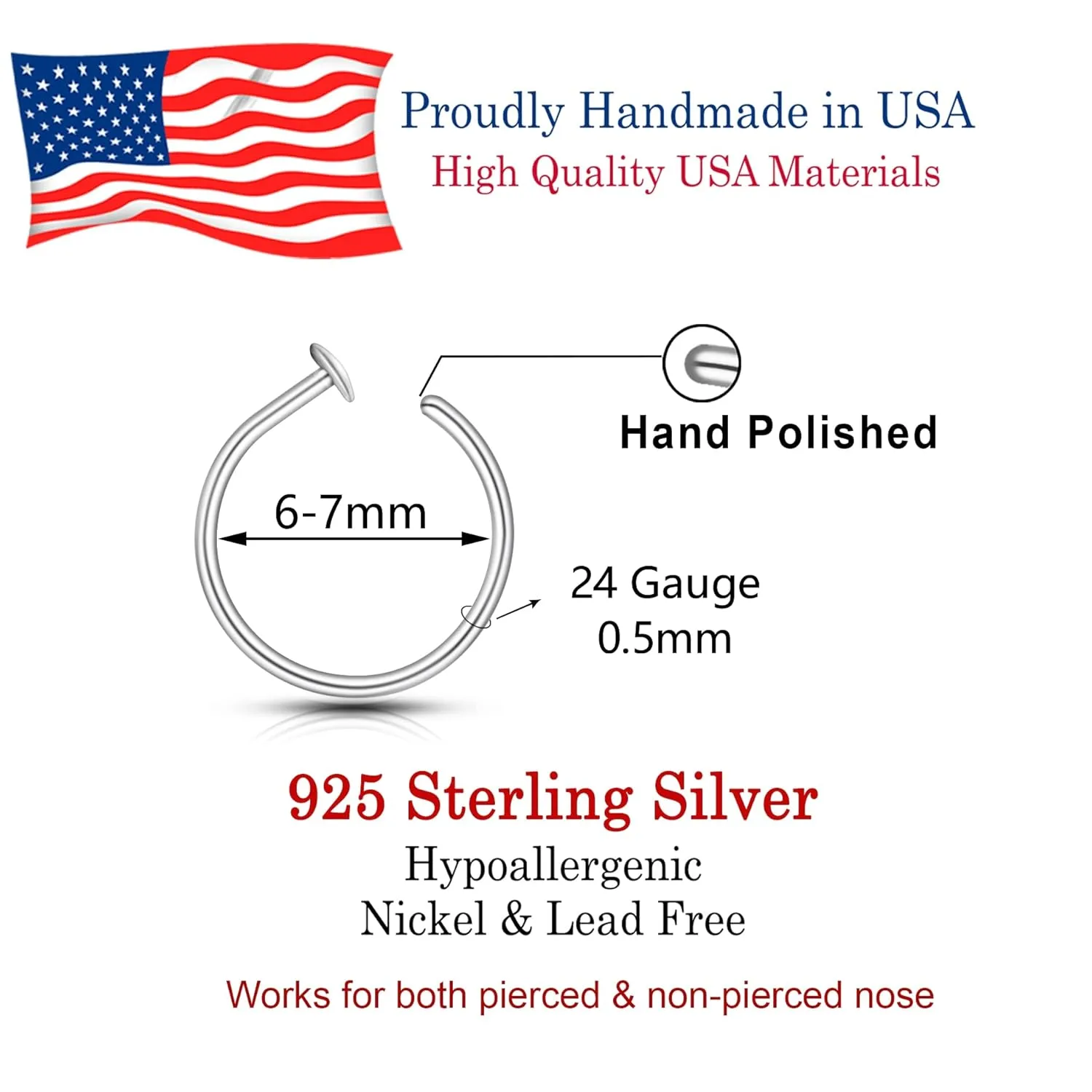 Gold Silver Small thin nose ring hoop 20G 20 22 gauge stud nostril piercing jewelry for Women, 14k Gold filled or 925 sterling silver nose hoop (Sterling Silver, 6-7mm / 24 gauge)