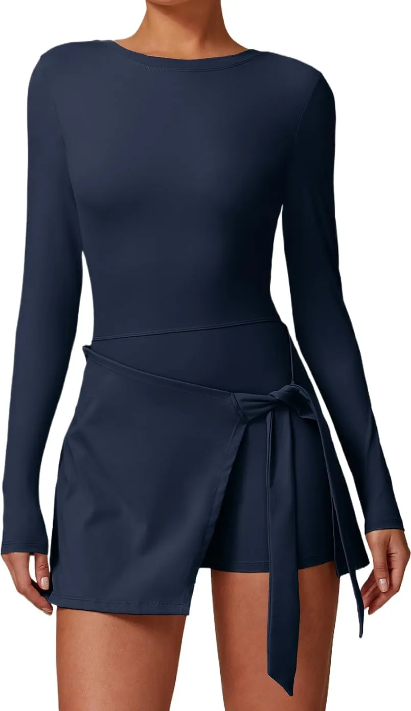 Haellun Womens Tennis Skort Dress Bodycon Tie Wrap Skirt Built in Shorts Golf Athletic Workout Rompers