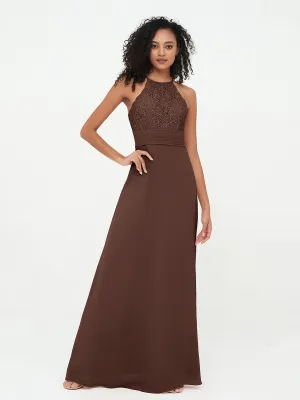 Halter Lace Top and Chiffon Open Back Dresses Chocolate