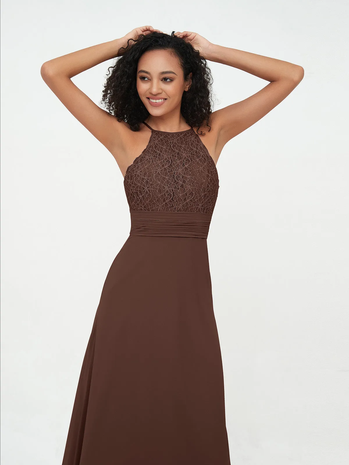 Halter Lace Top and Chiffon Open Back Dresses Chocolate