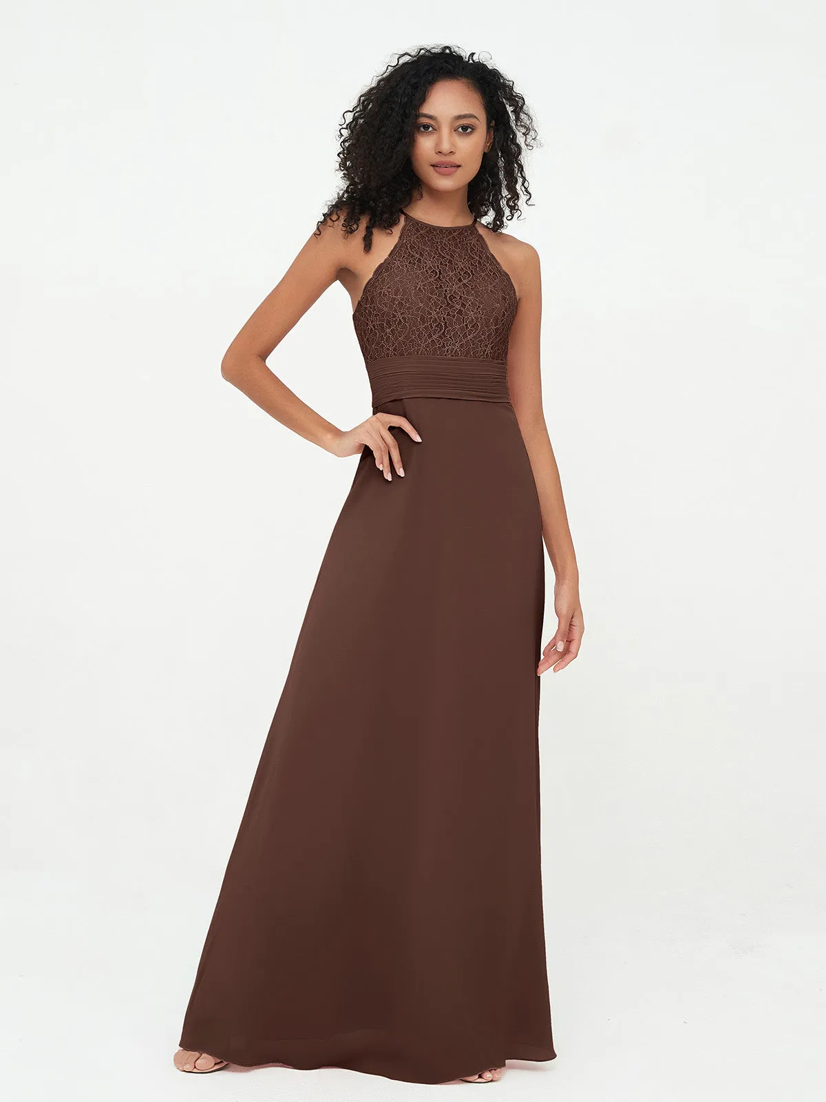 Halter Lace Top and Chiffon Open Back Dresses Chocolate