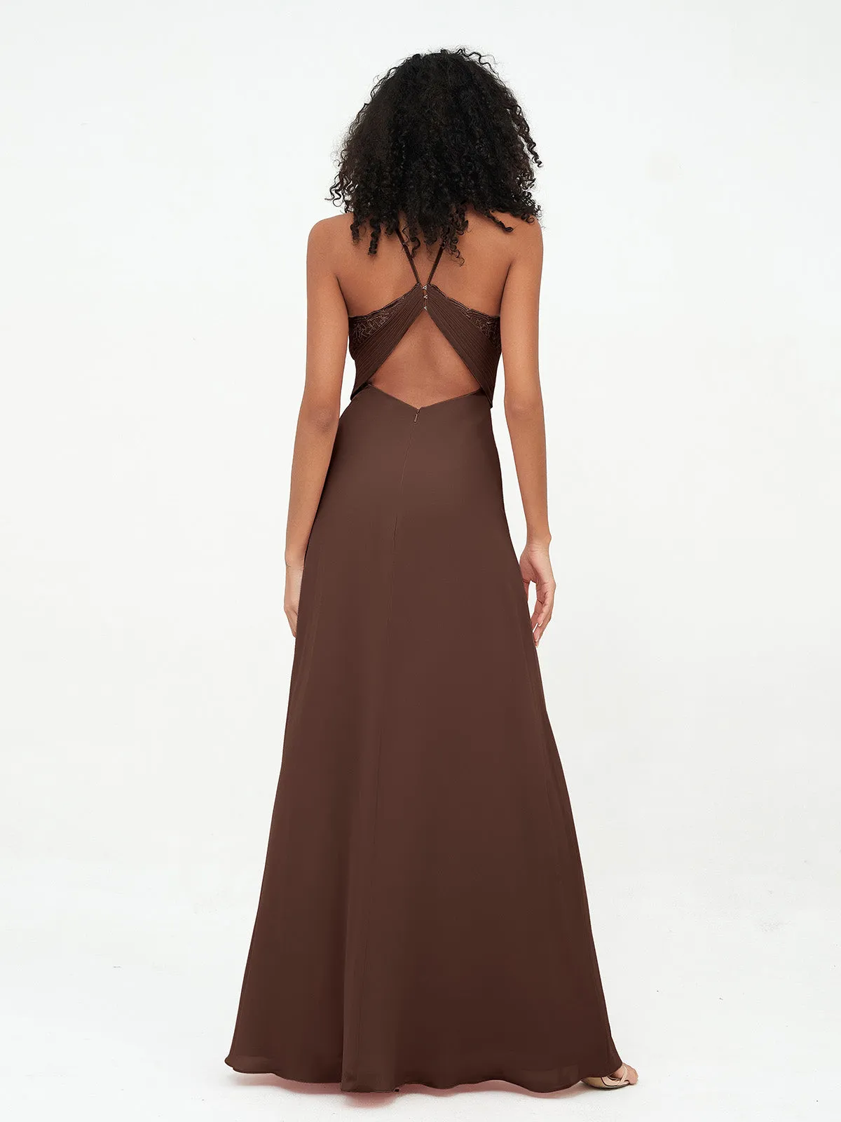 Halter Lace Top and Chiffon Open Back Dresses Chocolate