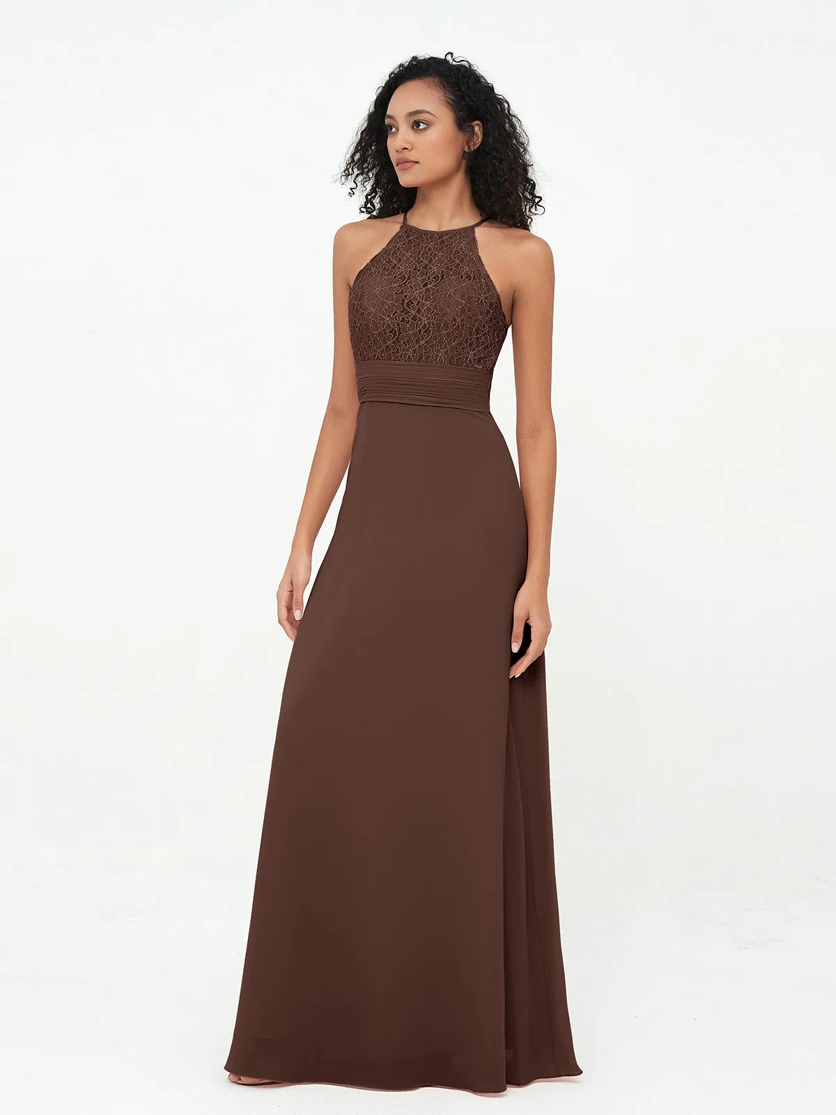 Halter Lace Top and Chiffon Open Back Dresses Chocolate