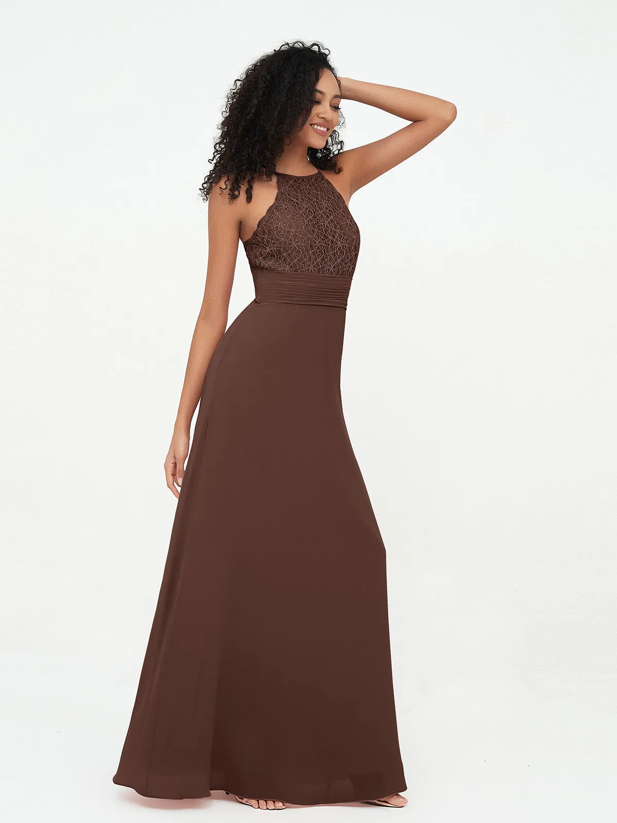 Halter Lace Top and Chiffon Open Back Dresses Chocolate