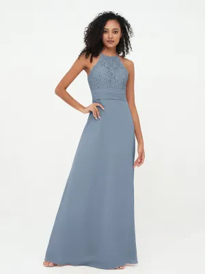 Halter Lace Top and Chiffon Open Back Dresses Dusty Blue