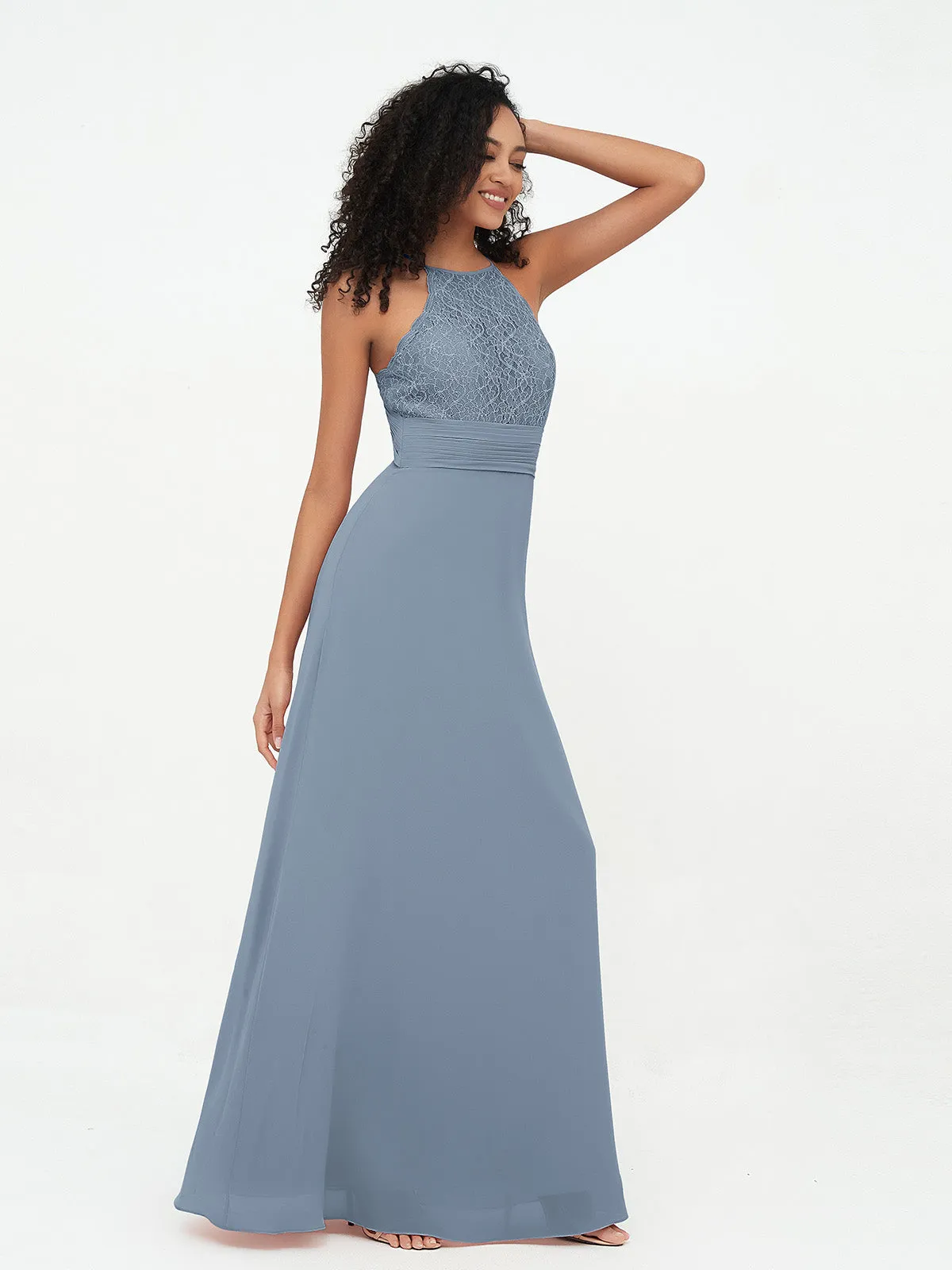 Halter Lace Top and Chiffon Open Back Dresses Dusty Blue