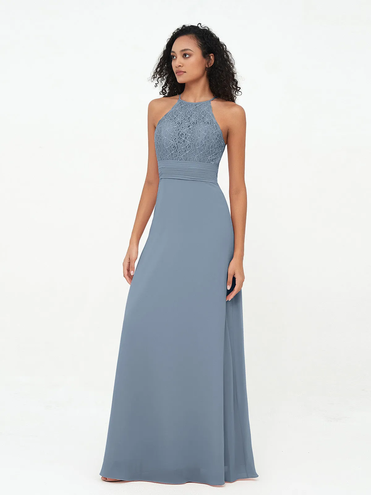 Halter Lace Top and Chiffon Open Back Dresses Dusty Blue