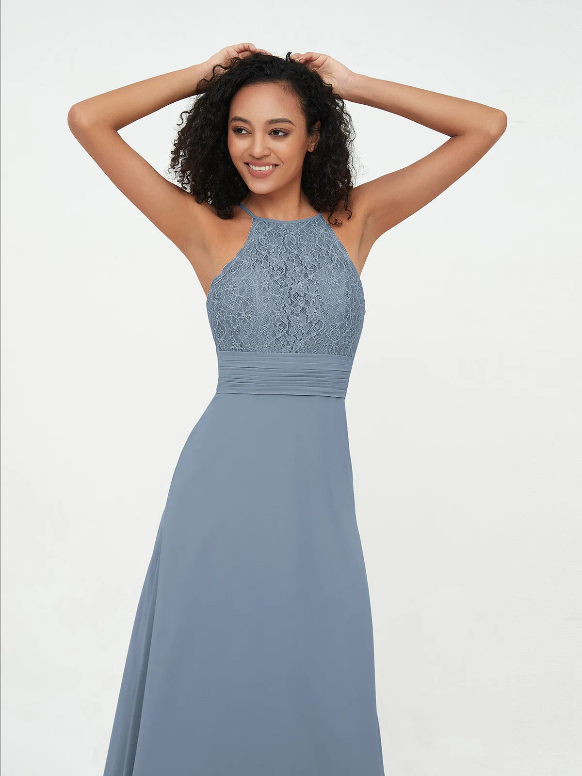 Halter Lace Top and Chiffon Open Back Dresses Dusty Blue