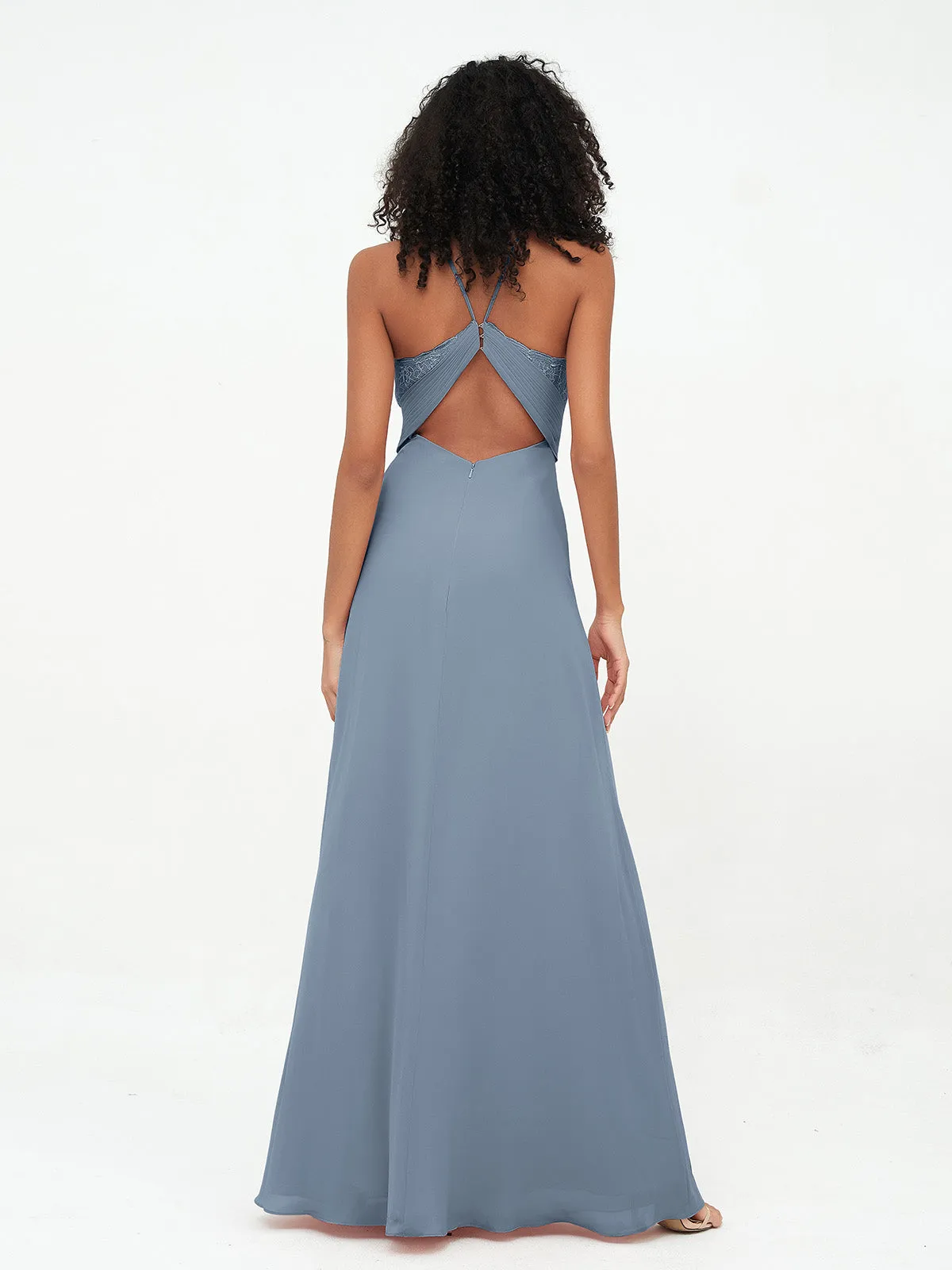 Halter Lace Top and Chiffon Open Back Dresses Dusty Blue