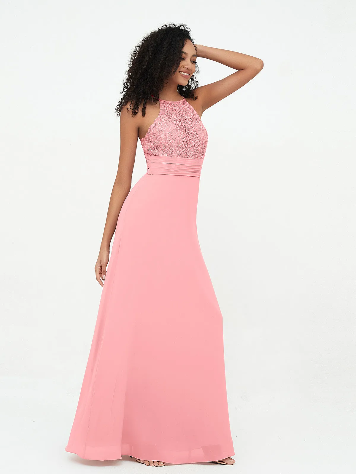 Halter Lace Top and Chiffon Open Back Dresses Flamingo