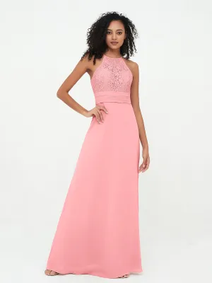 Halter Lace Top and Chiffon Open Back Dresses Flamingo