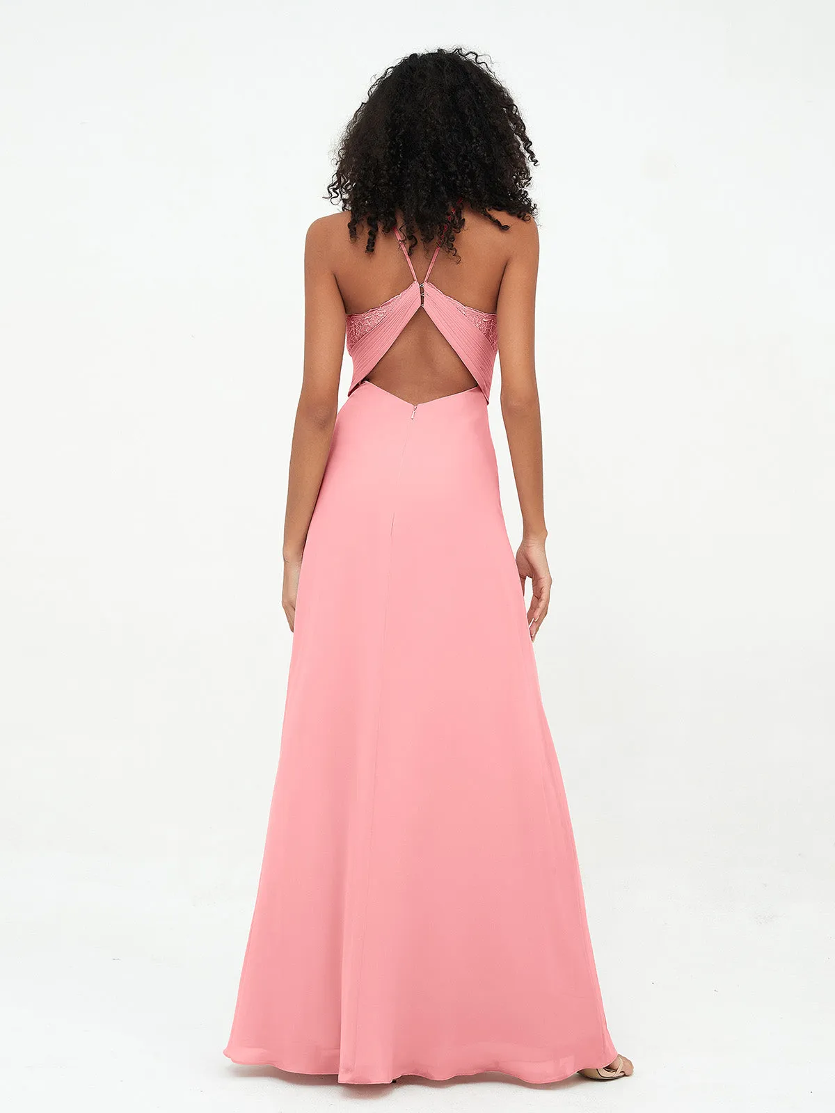 Halter Lace Top and Chiffon Open Back Dresses Flamingo