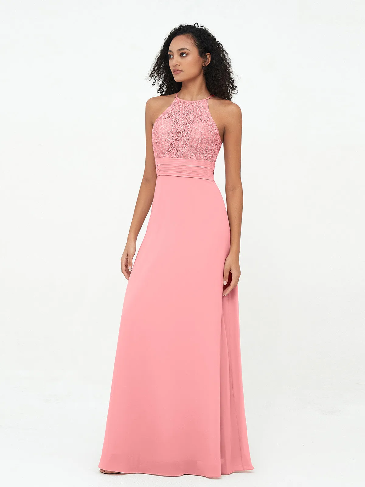 Halter Lace Top and Chiffon Open Back Dresses Flamingo