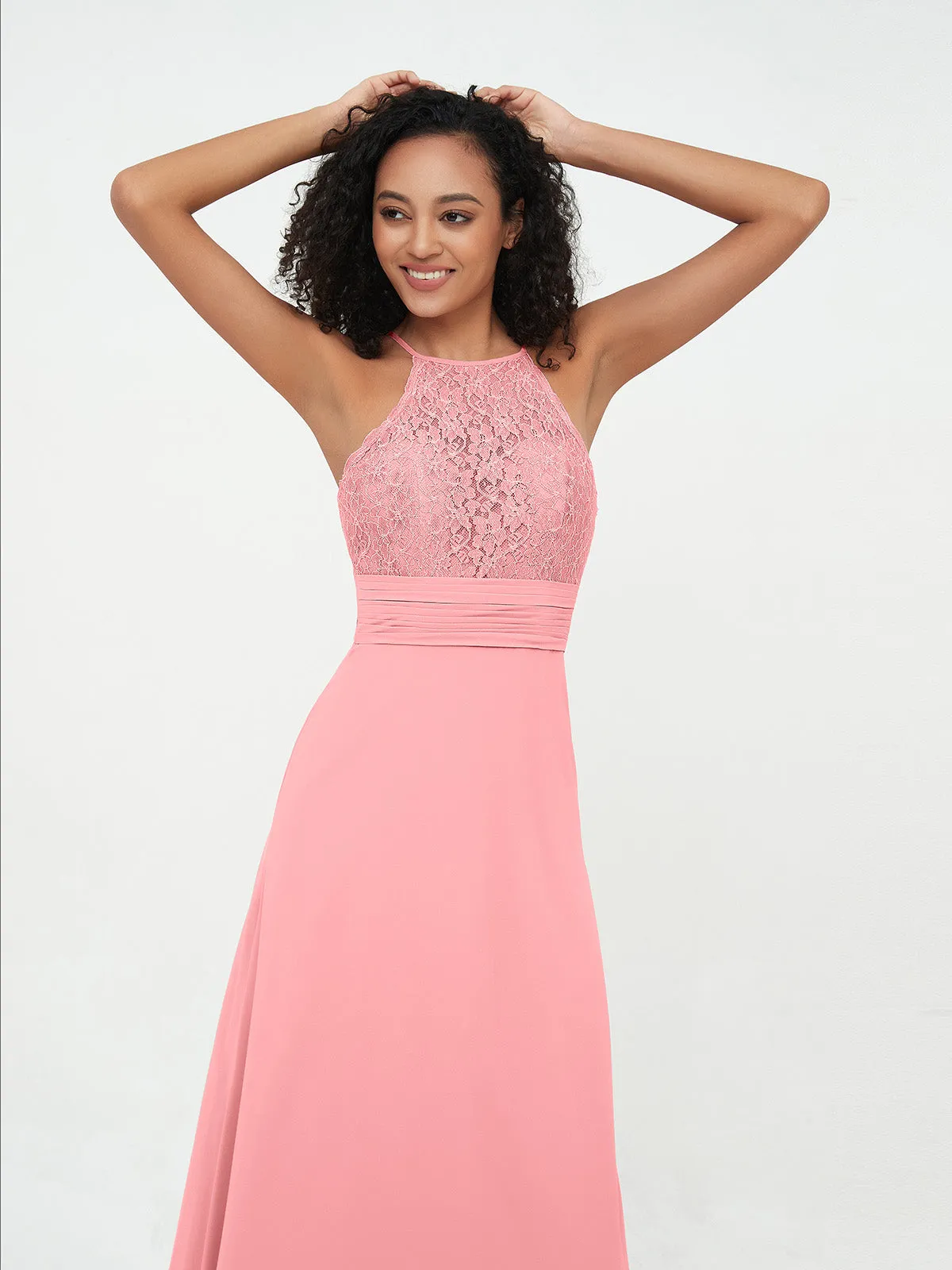 Halter Lace Top and Chiffon Open Back Dresses Flamingo
