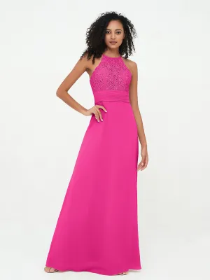 Halter Lace Top and Chiffon Open Back Dresses Fuchsia