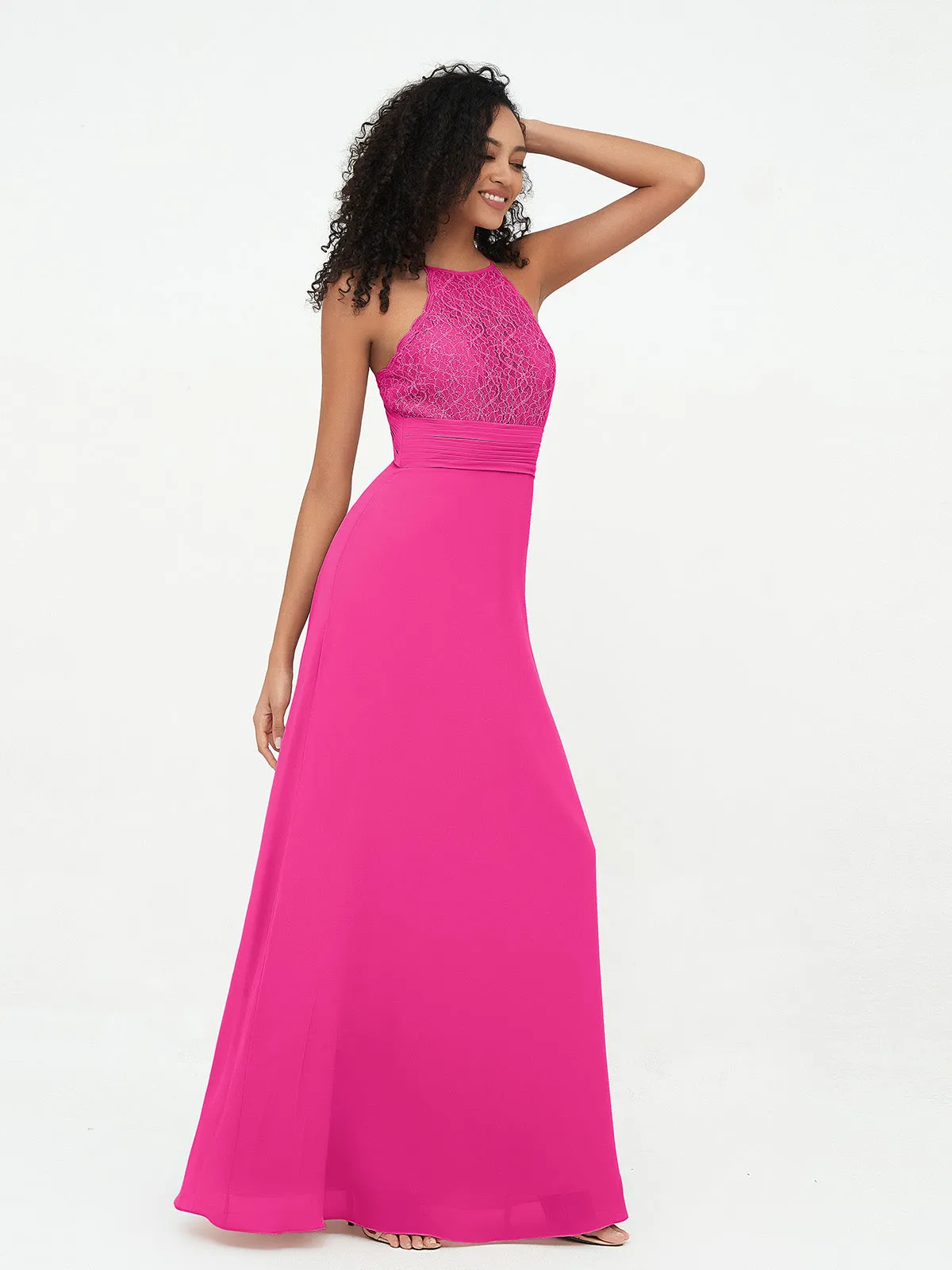 Halter Lace Top and Chiffon Open Back Dresses Fuchsia