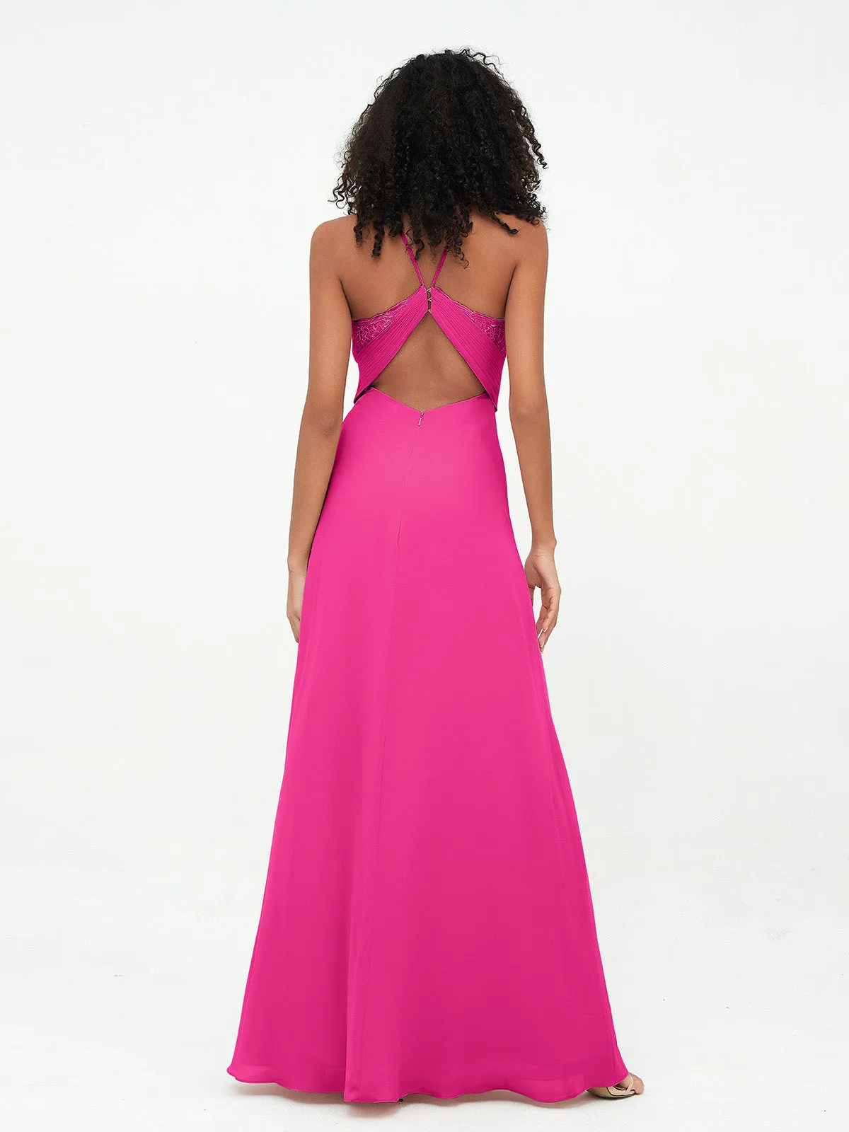 Halter Lace Top and Chiffon Open Back Dresses Fuchsia