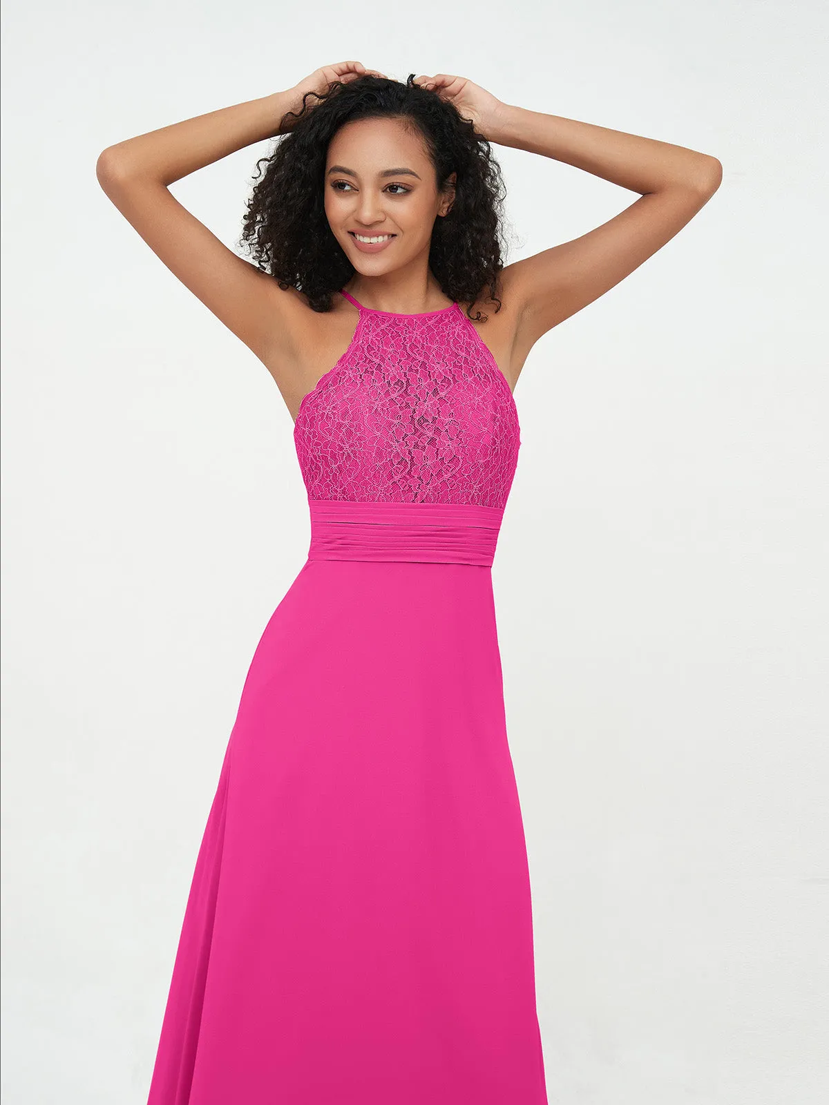 Halter Lace Top and Chiffon Open Back Dresses Fuchsia