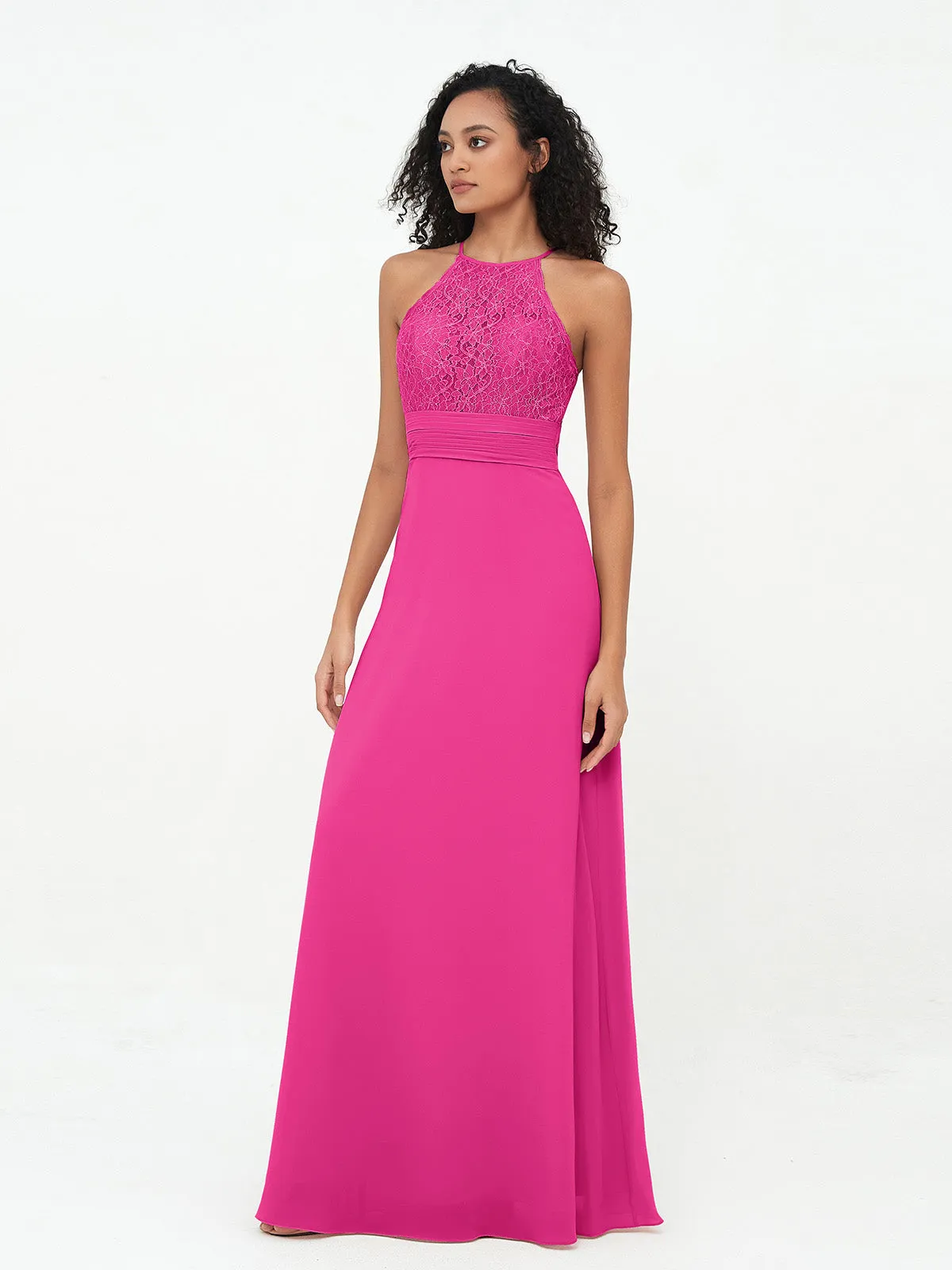 Halter Lace Top and Chiffon Open Back Dresses Fuchsia