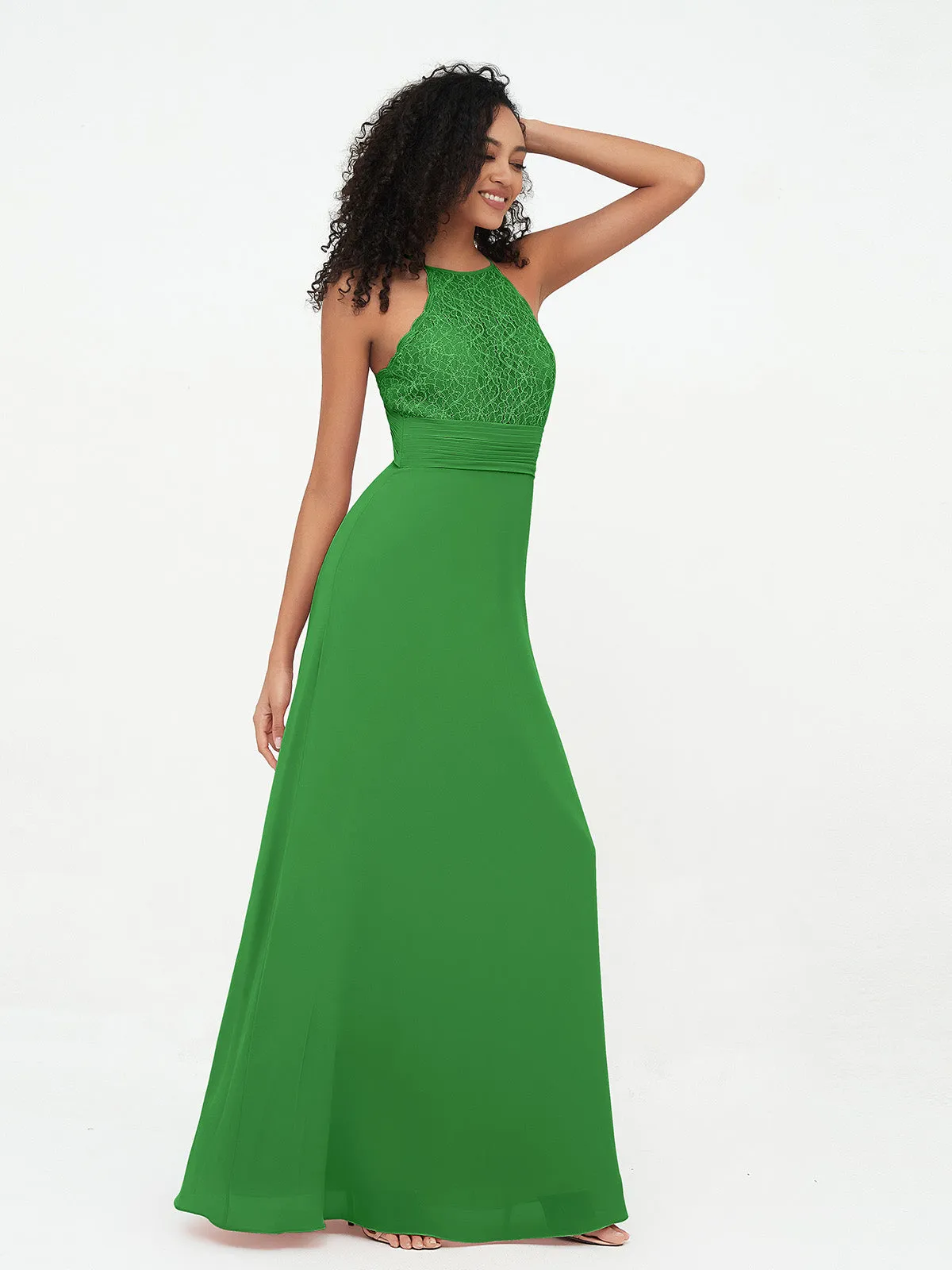 Halter Lace Top and Chiffon Open Back Dresses Green