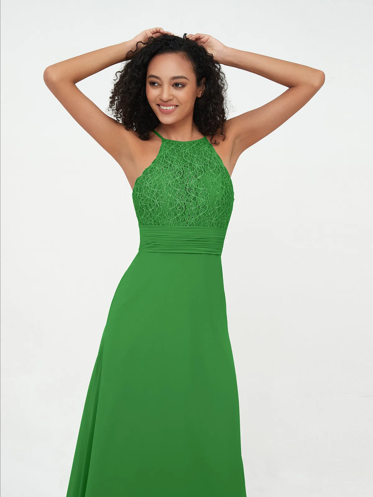 Halter Lace Top and Chiffon Open Back Dresses Green