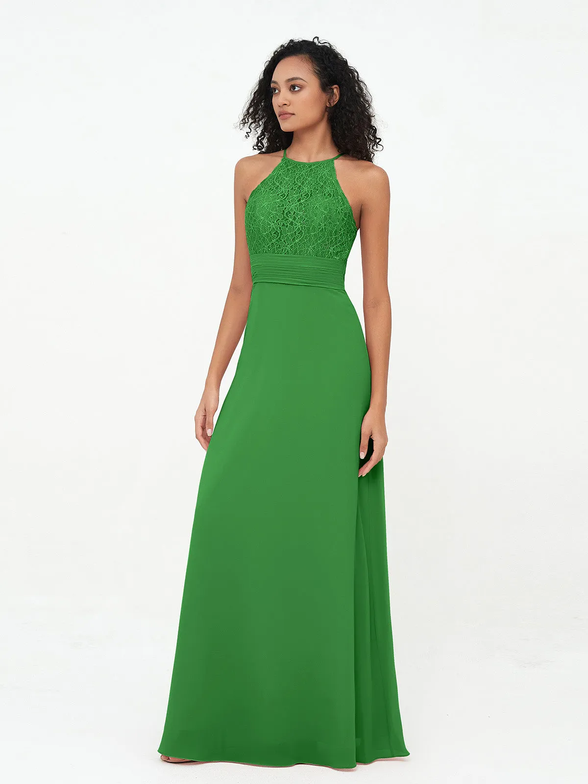 Halter Lace Top and Chiffon Open Back Dresses Green