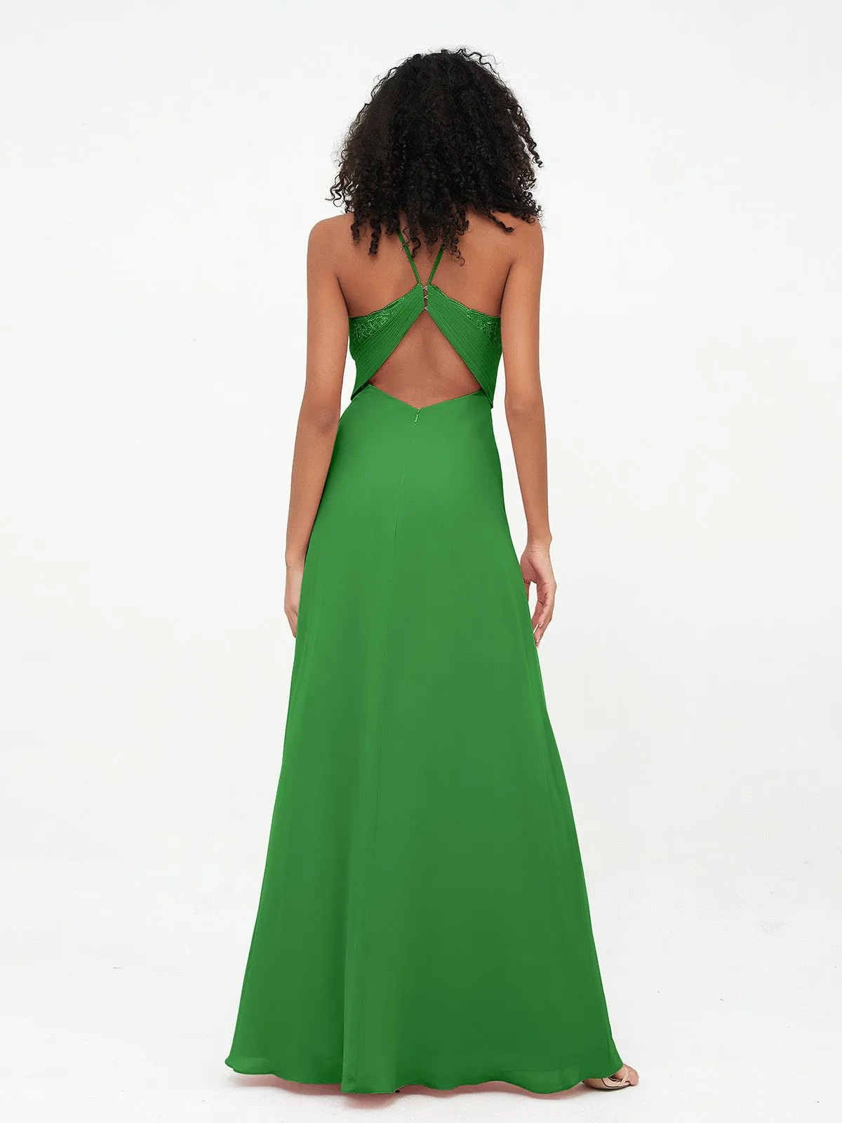 Halter Lace Top and Chiffon Open Back Dresses Green