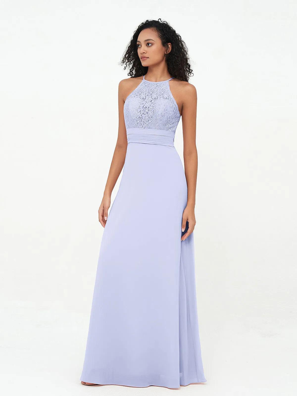 Halter Lace Top and Chiffon Open Back Dresses Lavender