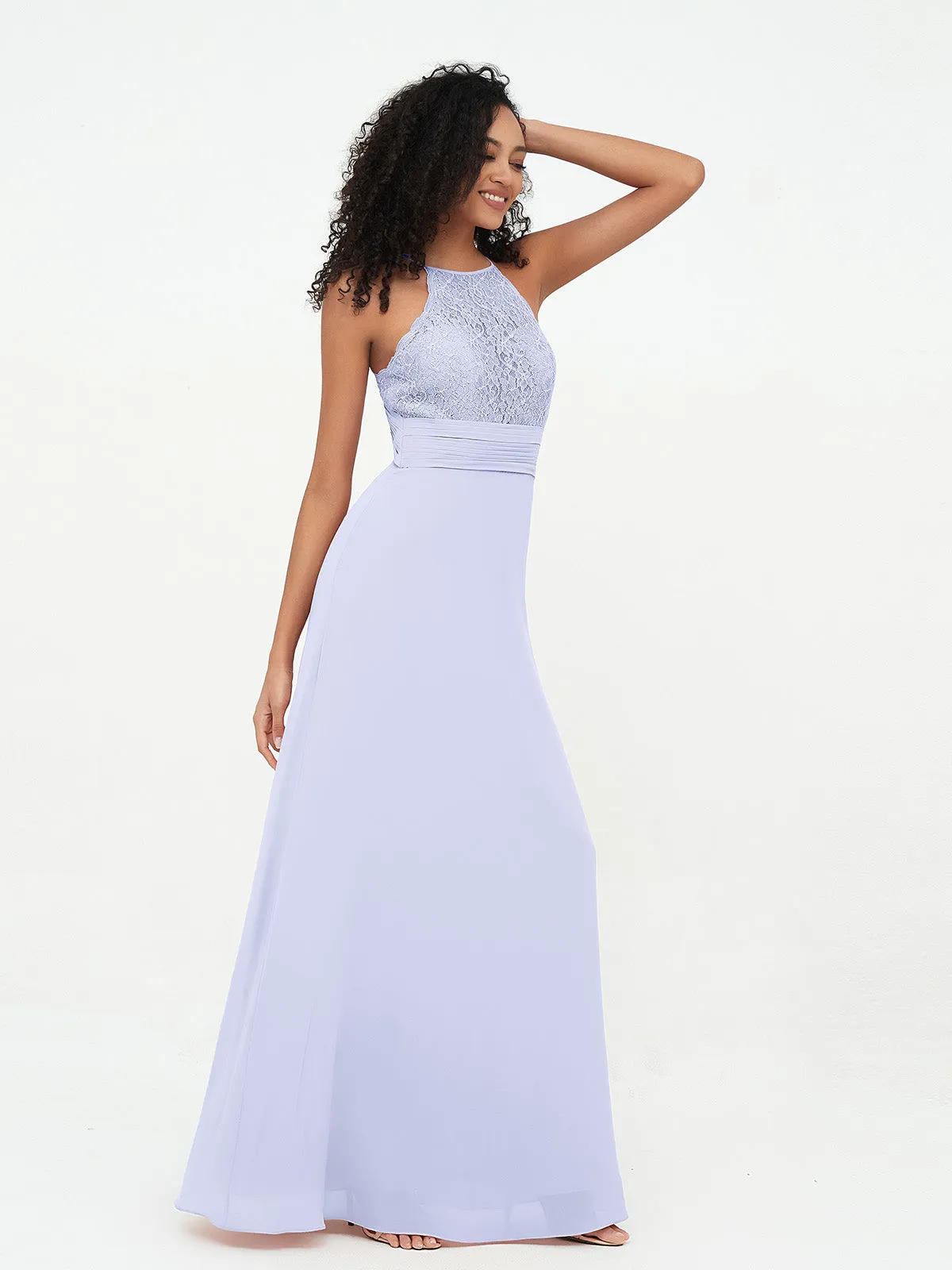 Halter Lace Top and Chiffon Open Back Dresses Lavender