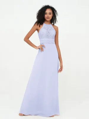 Halter Lace Top and Chiffon Open Back Dresses Lavender