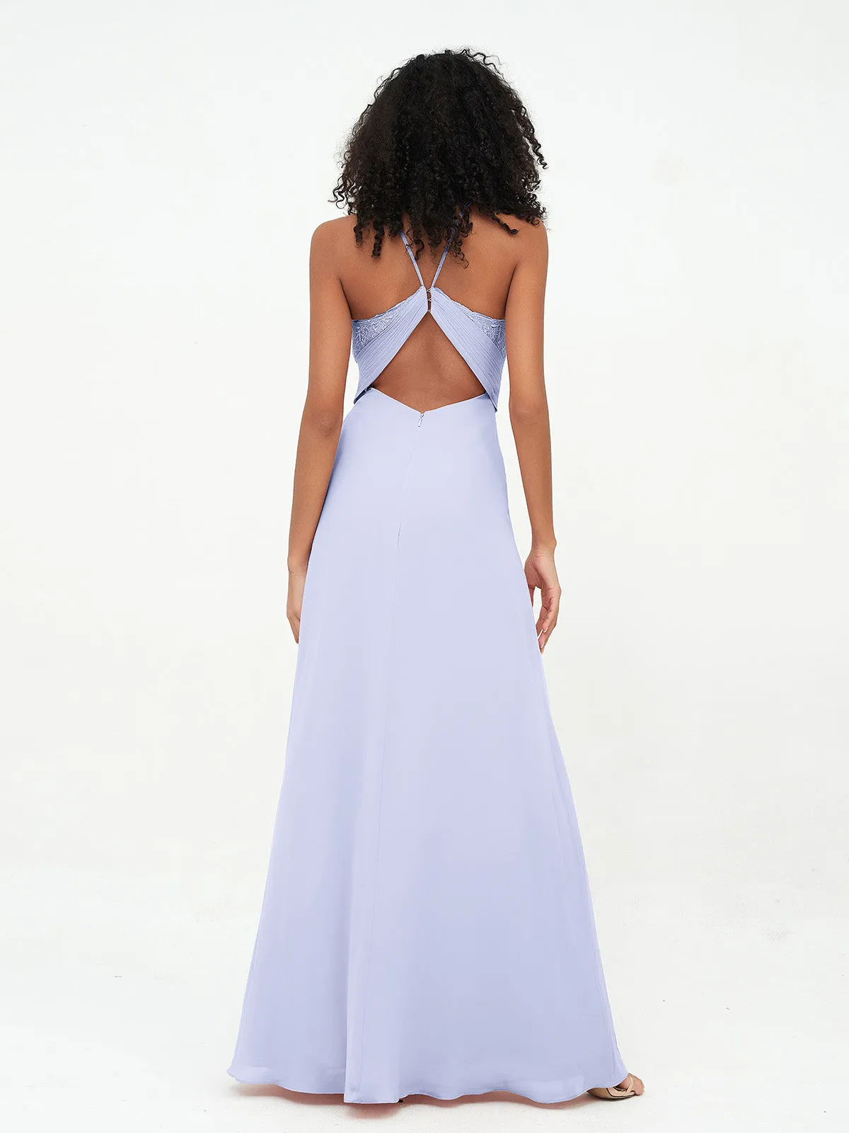 Halter Lace Top and Chiffon Open Back Dresses Lavender