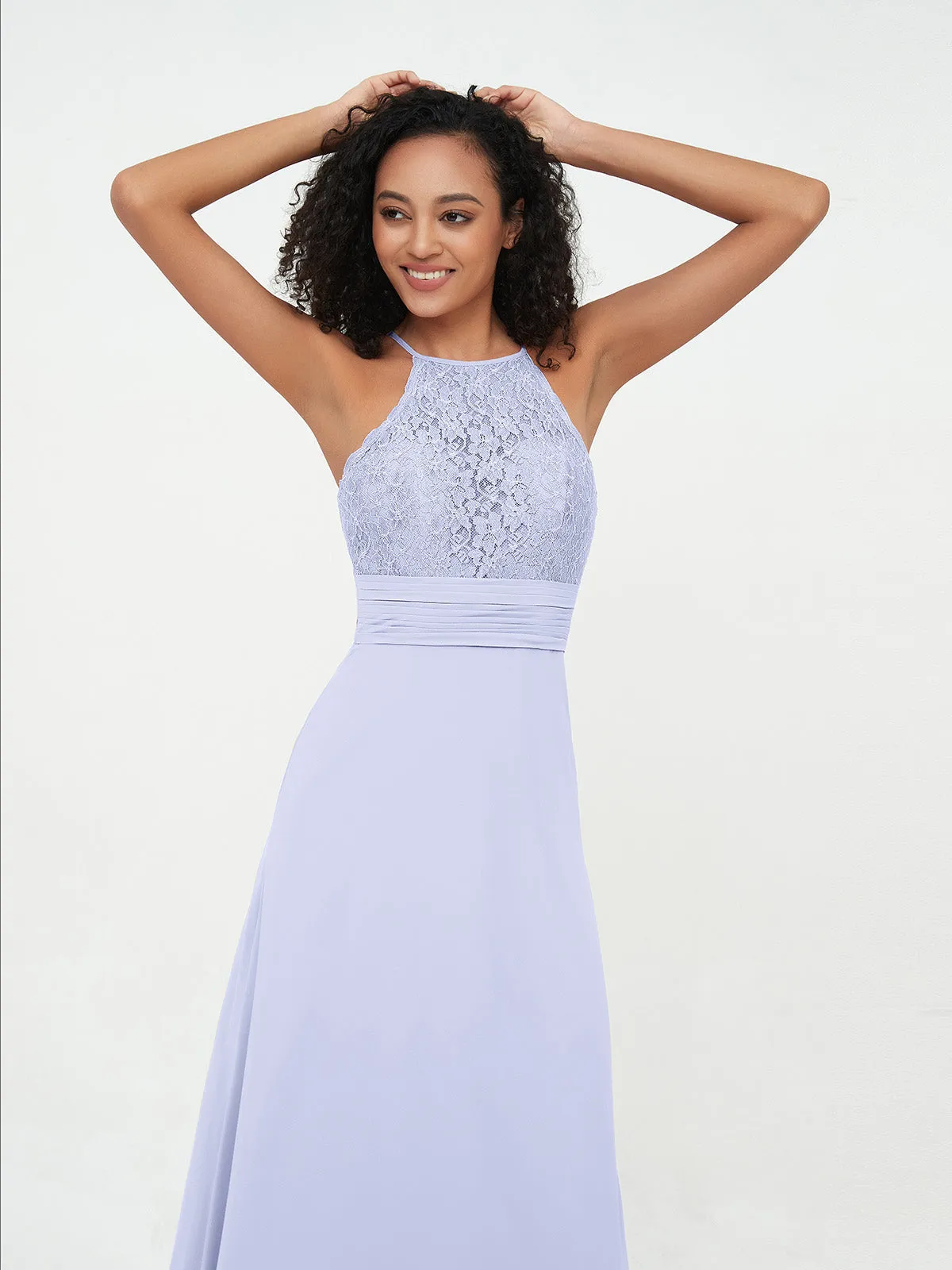 Halter Lace Top and Chiffon Open Back Dresses Lavender